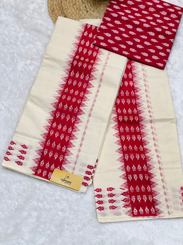 Block Print Detailed Kerala Cotton Set Mundu | GAT370