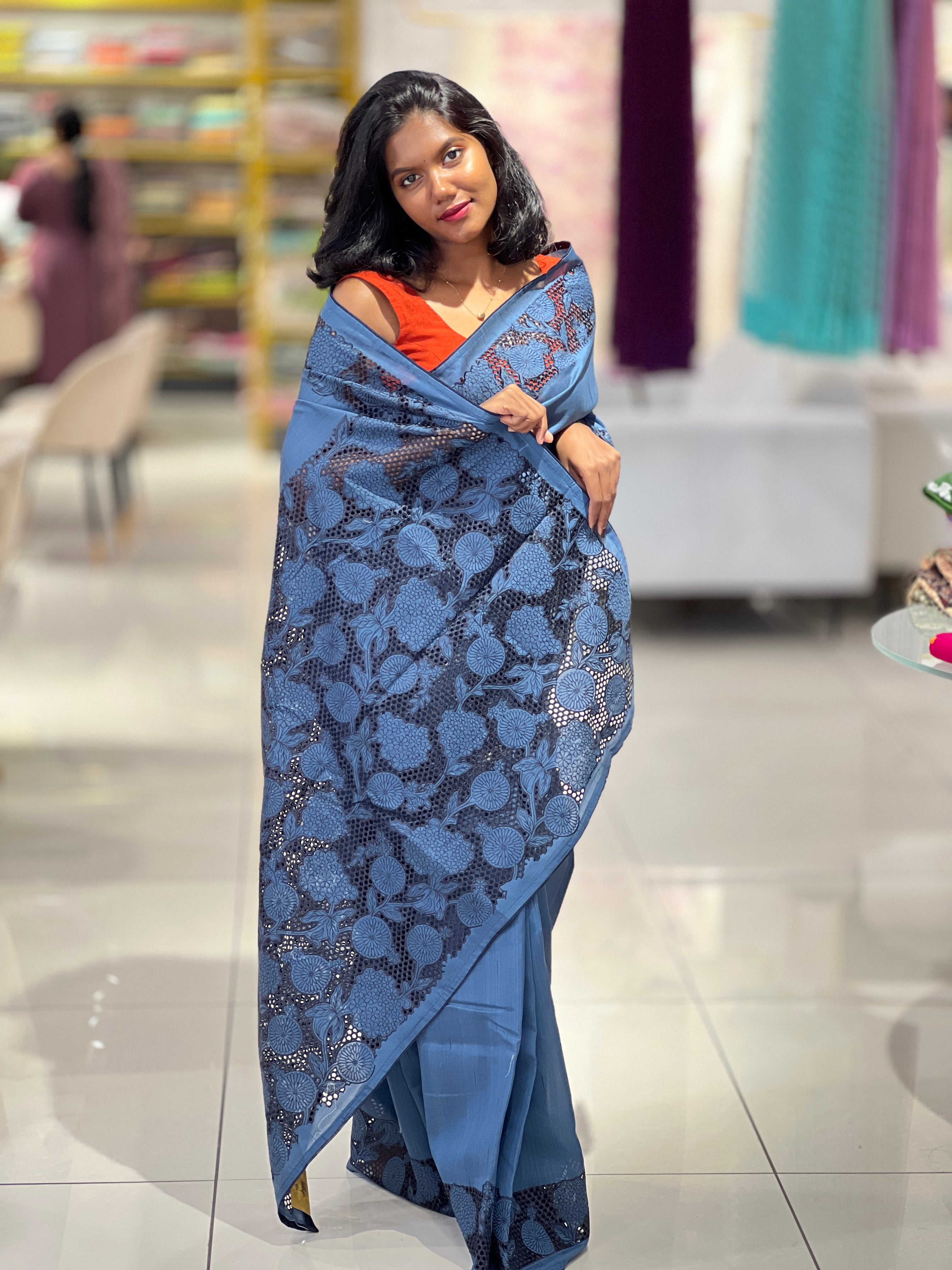 Cutwork Detailed Semi Tussar Saree | SUN411