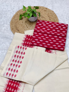 Block Print Detailed Kerala Cotton Set Mundu | GAT370