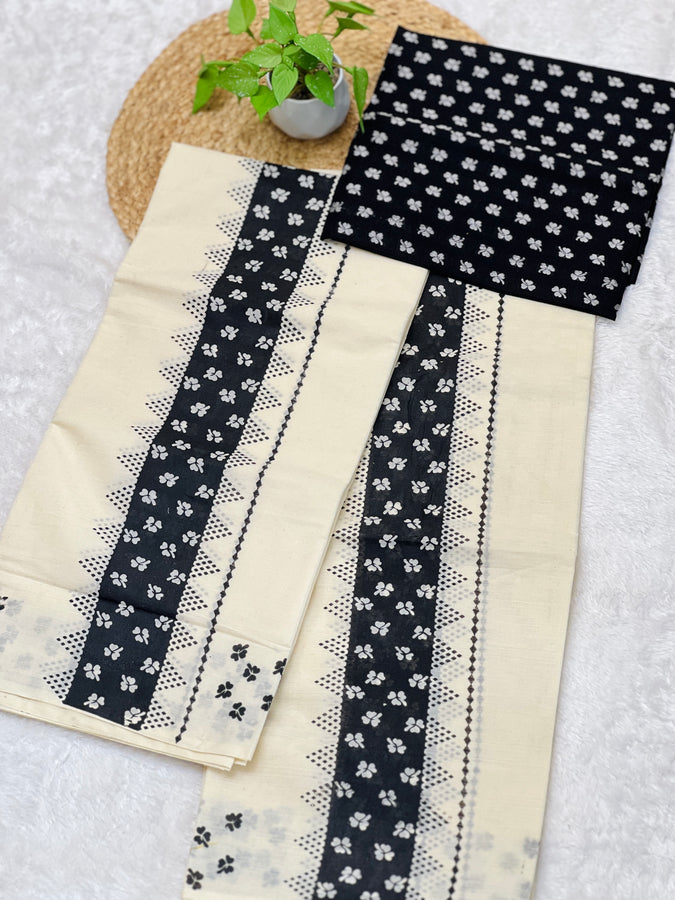 Block Print Detailed Kerala Cotton Set Mundu | GAT372
