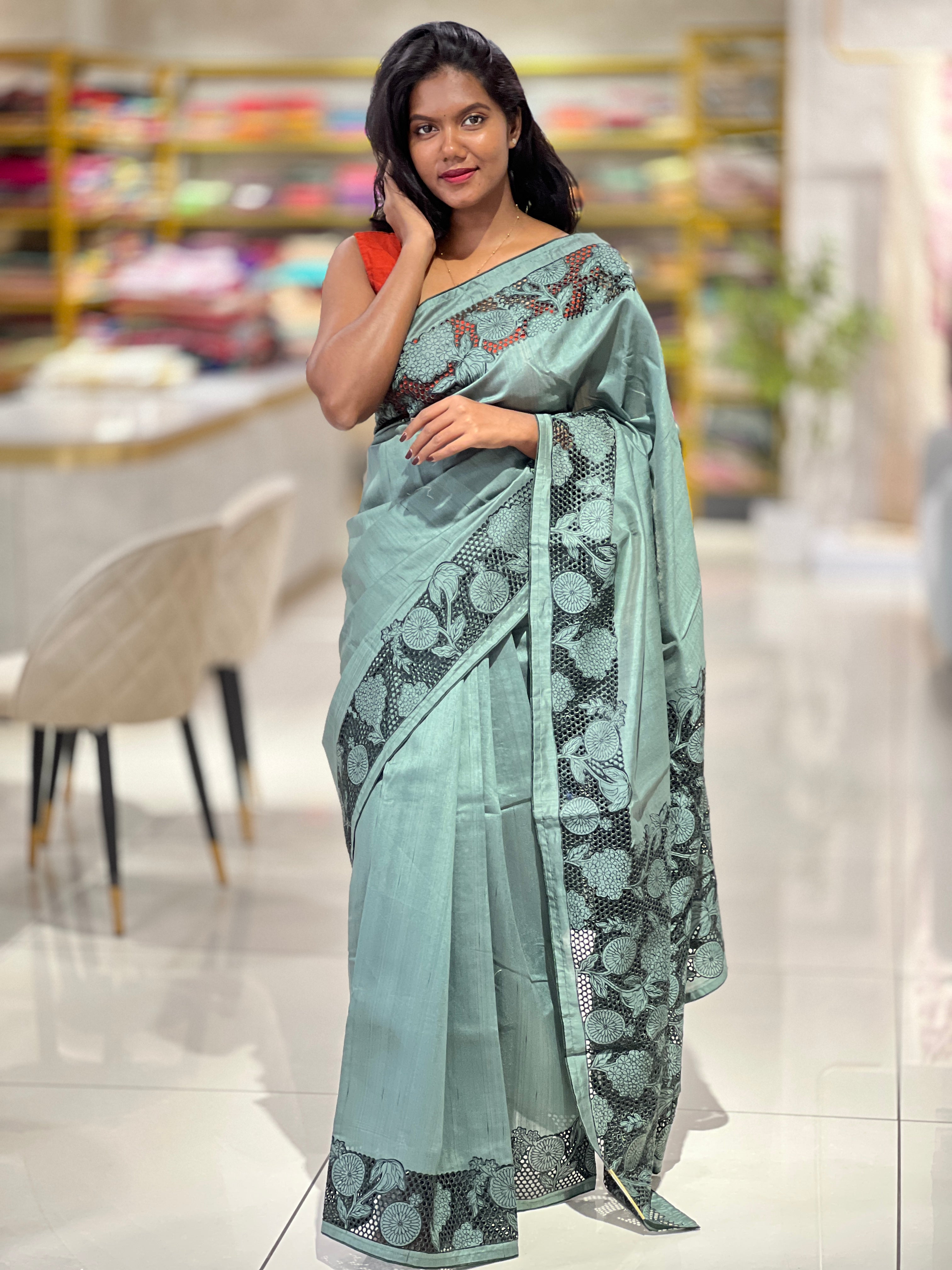 Cutwork Detailed Semi Tussar Saree | SUN412