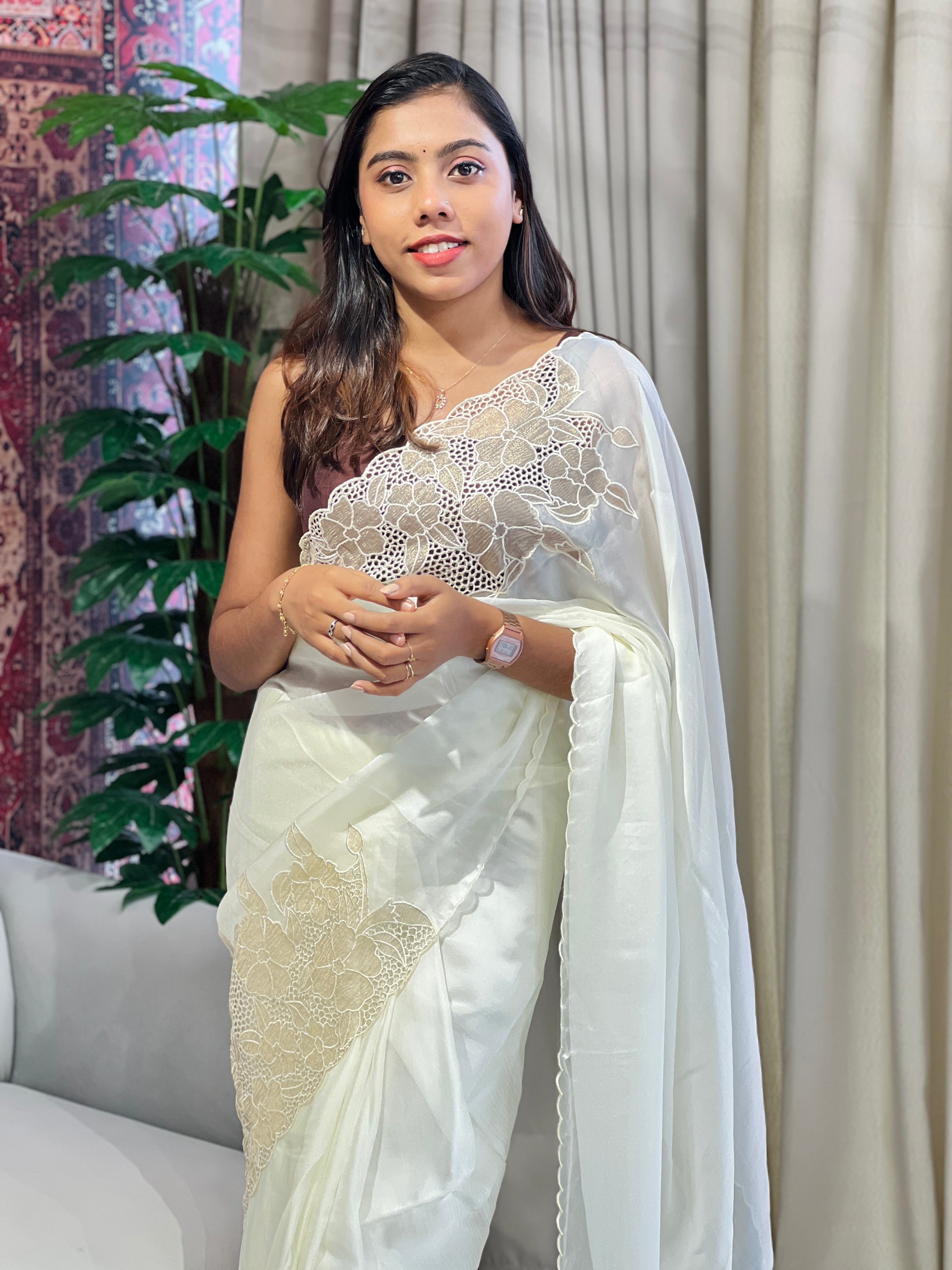 Applique Patterned Chinnon Saree | BLD1554