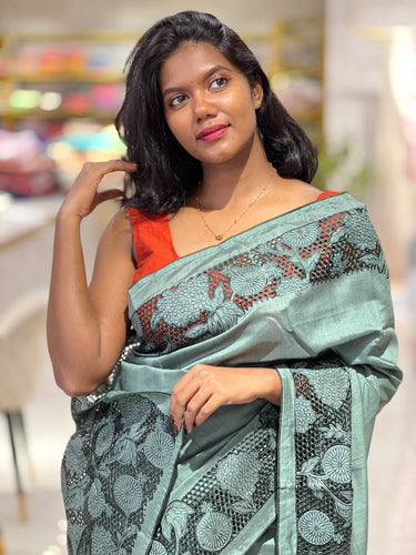 Cutwork Detailed Semi Tussar Saree | SUN412