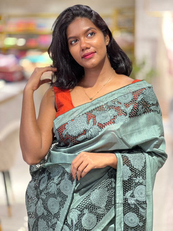 Cutwork Detailed Semi Tussar Saree | SUN412