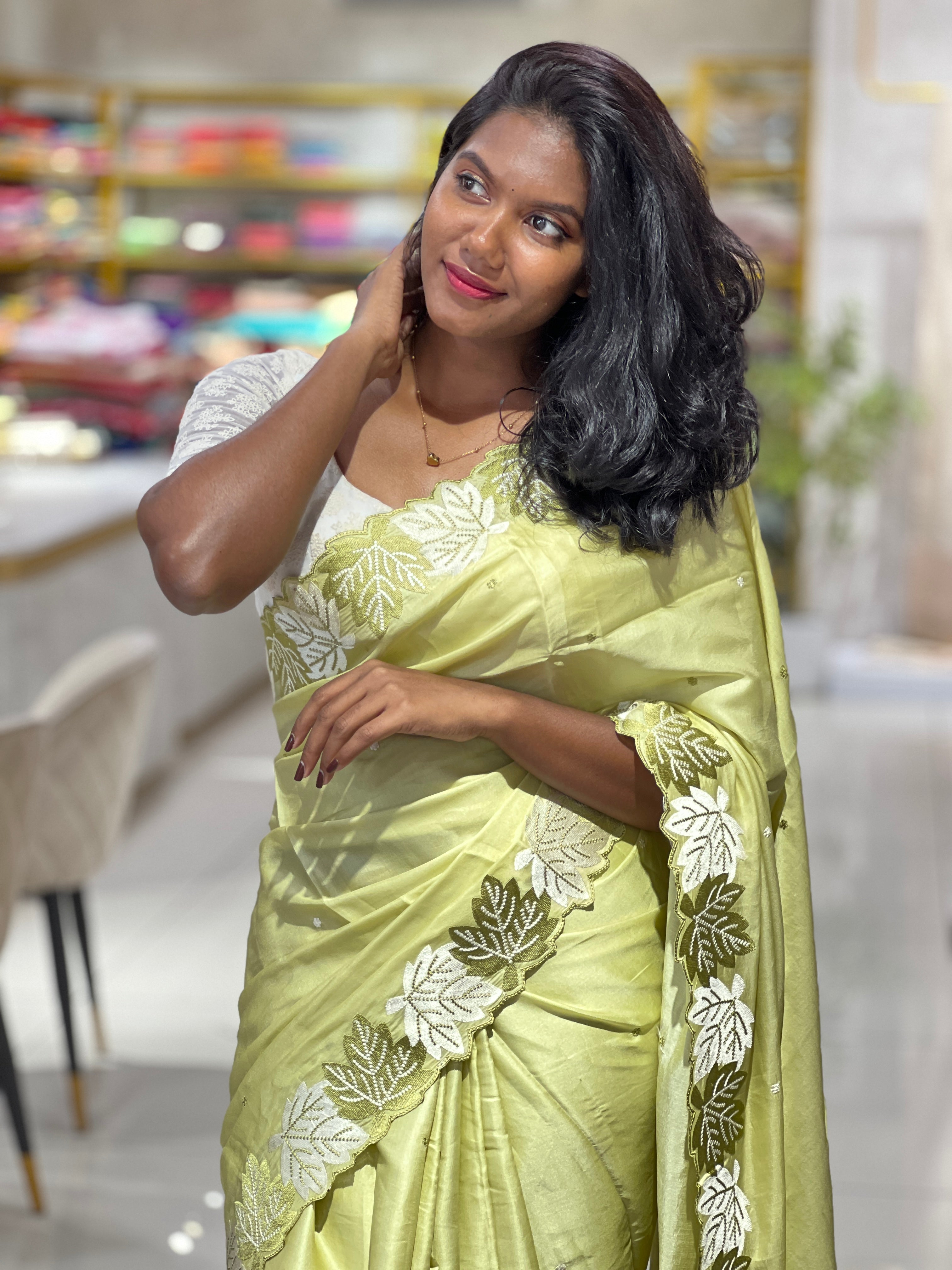 Point Embroidery Leaf Patterned Semi Tussar Saree | SUN427