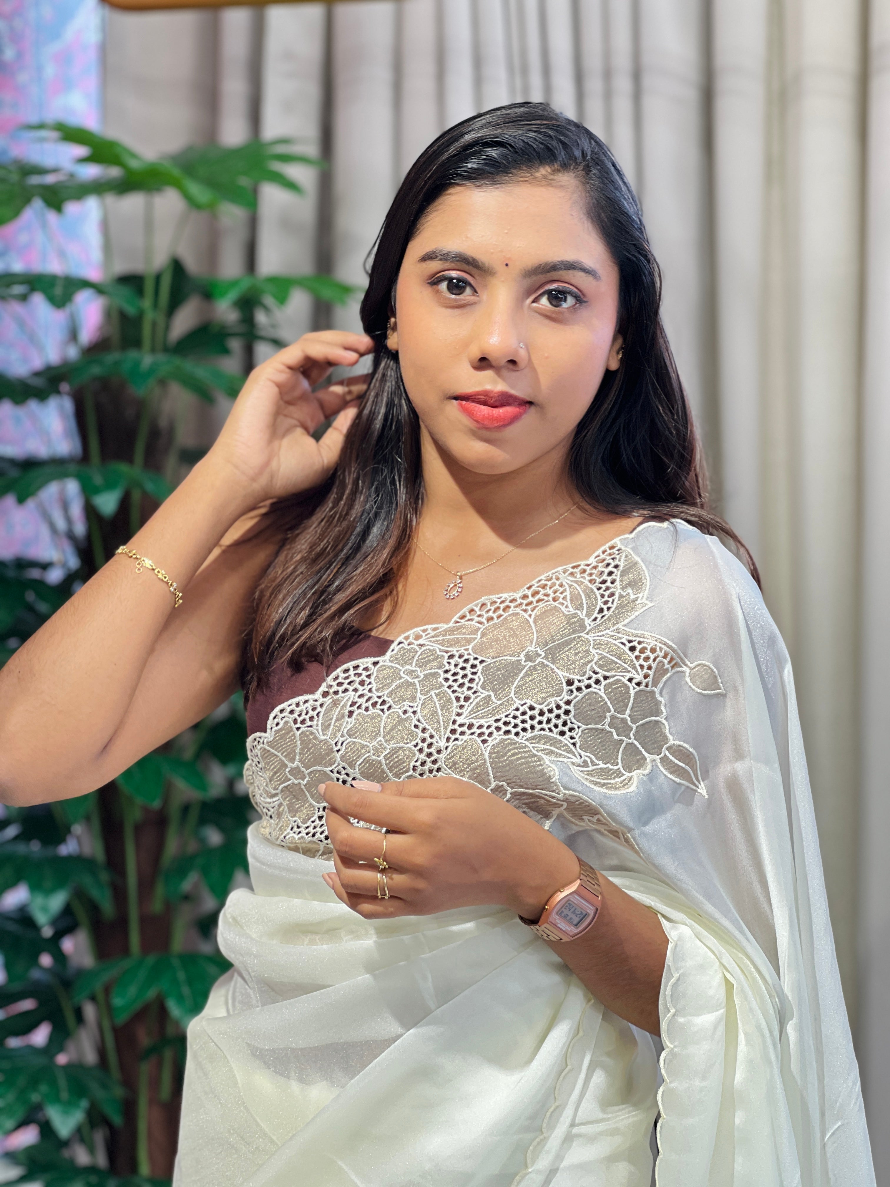 Applique Patterned Chinnon Saree | BLD1554