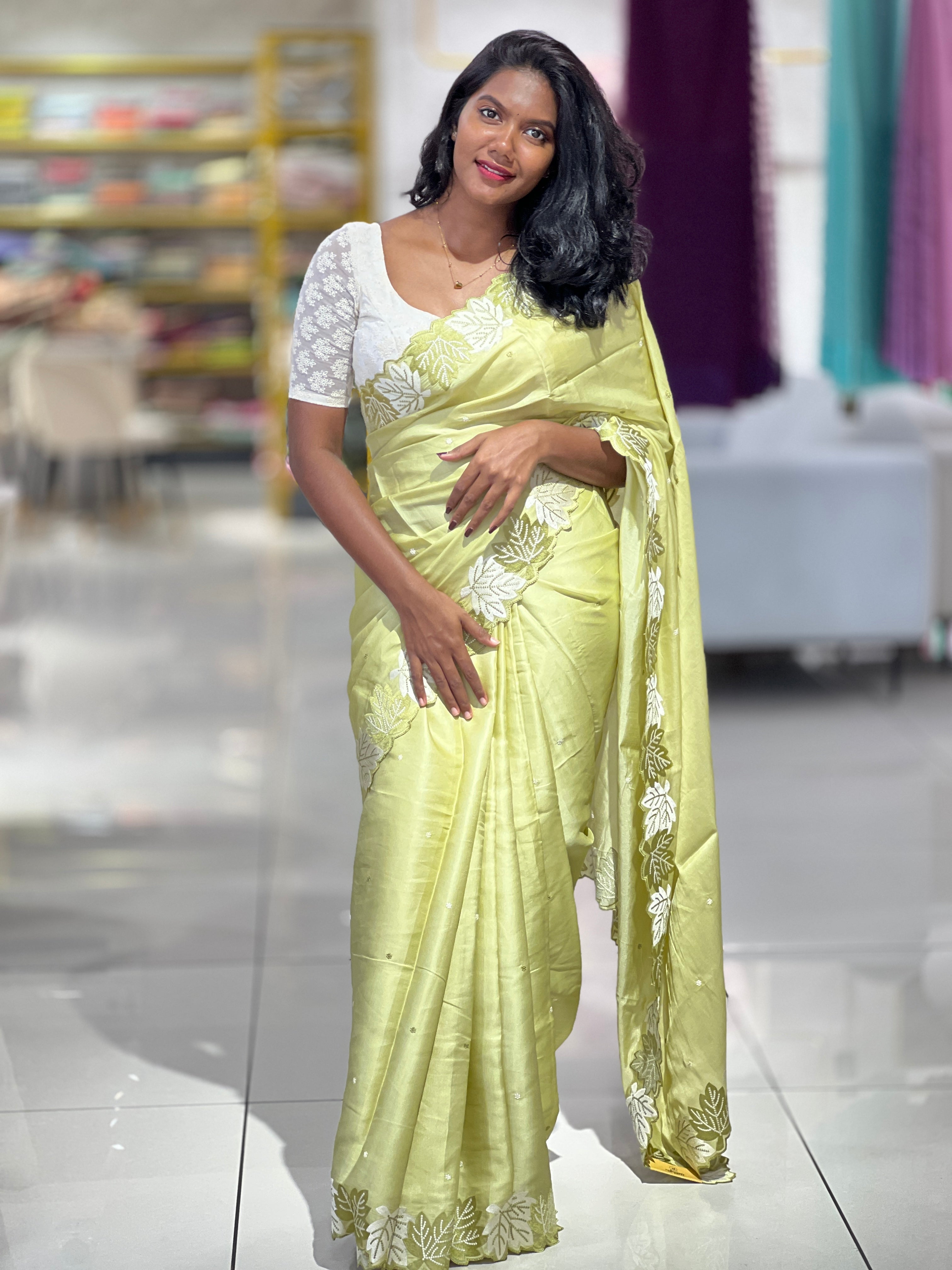 Point Embroidery Leaf Patterned Semi Tussar Saree | SUN427