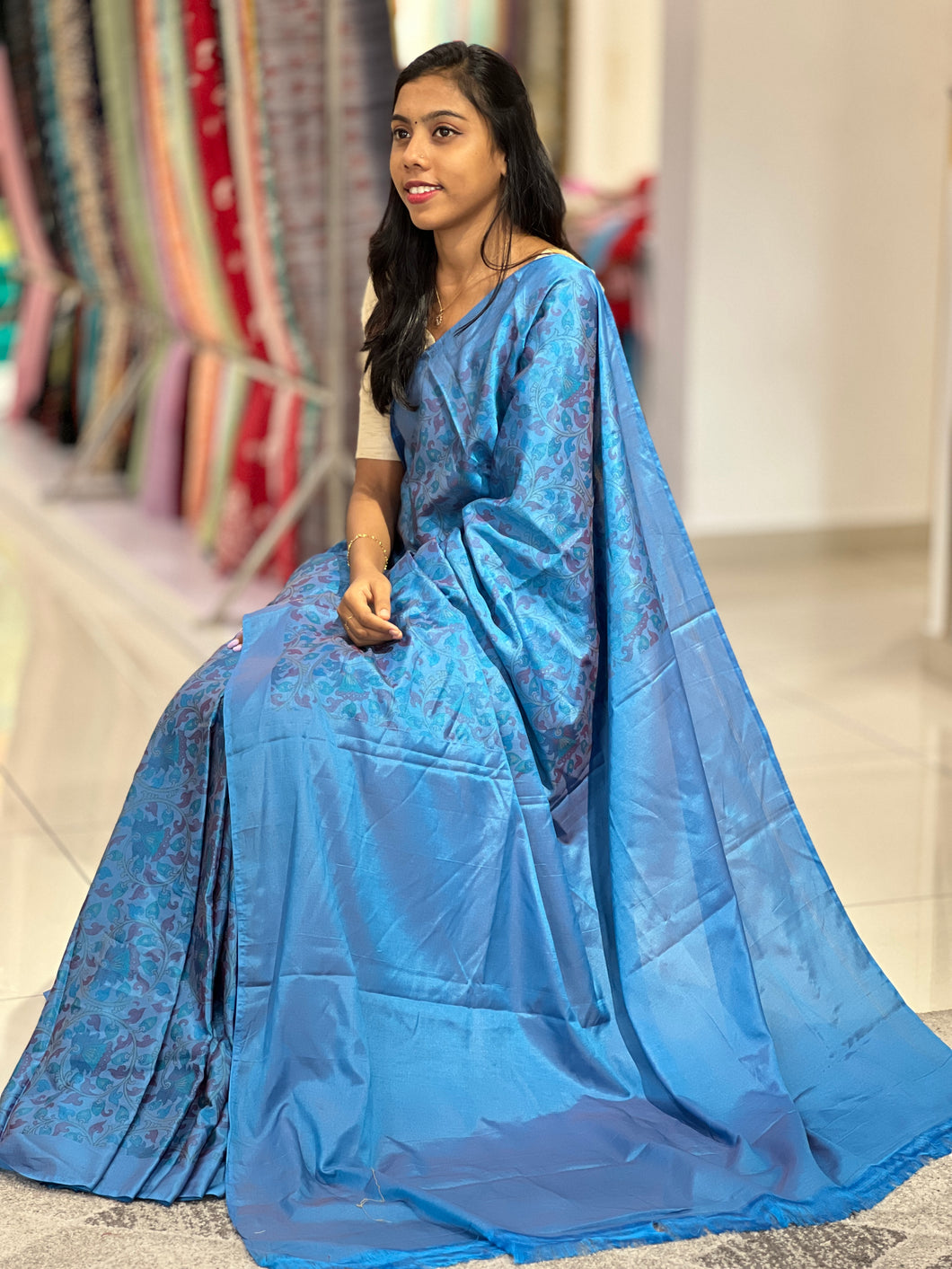 Kalamkari Inspired Printed  Tussar Finish Saree | AHD299
