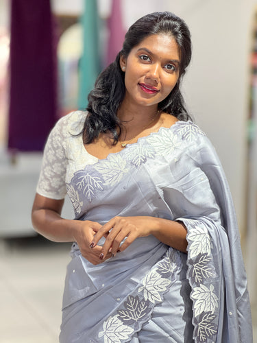 Point Embroidery Leaf Patterned Semi Tussar Saree | SUN425