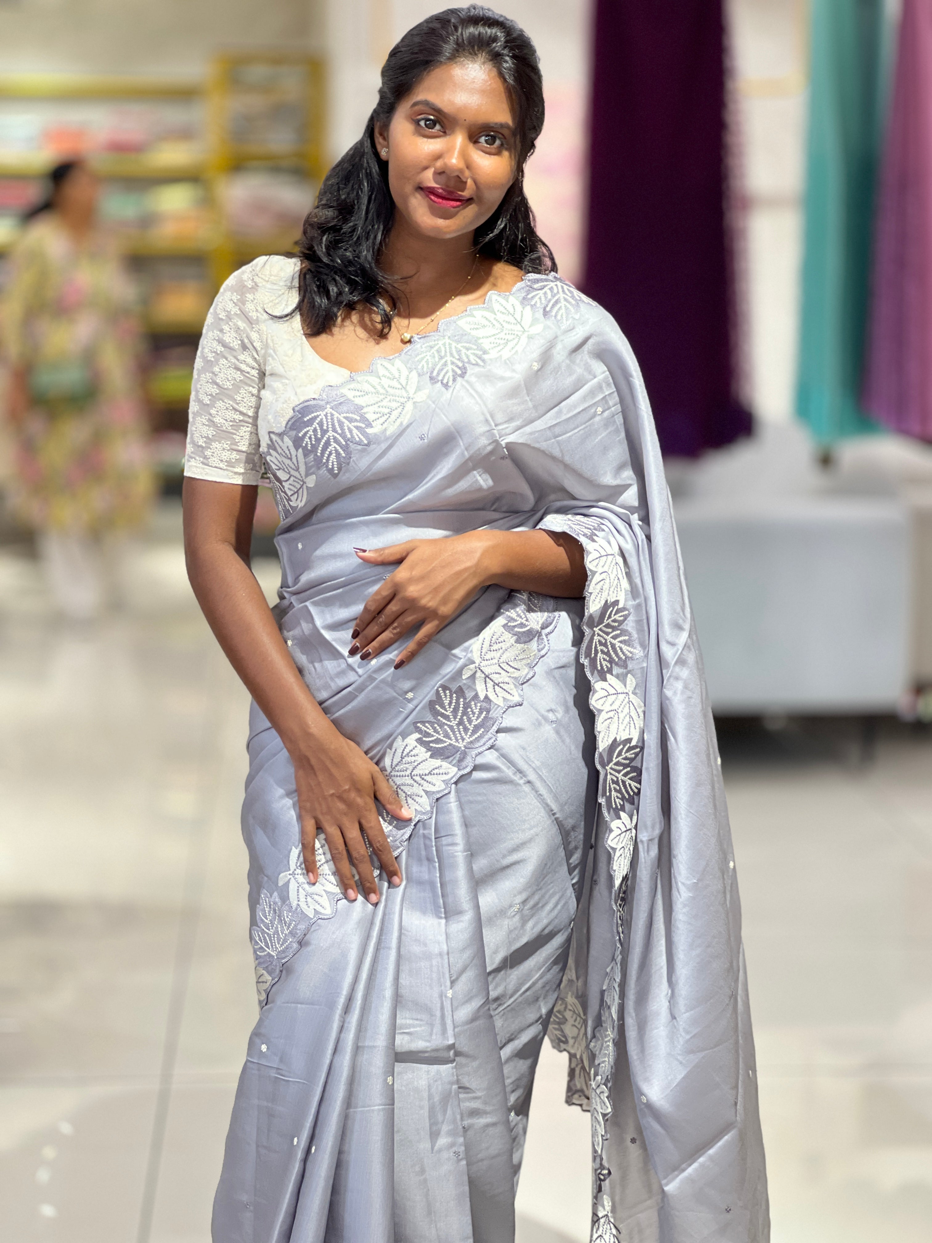 Point Embroidery Leaf Patterned Semi Tussar Saree | SUN425