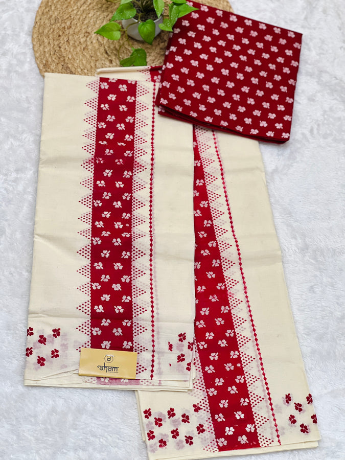 Block Print Detailed Kerala Cotton Set Mundu | GAT371