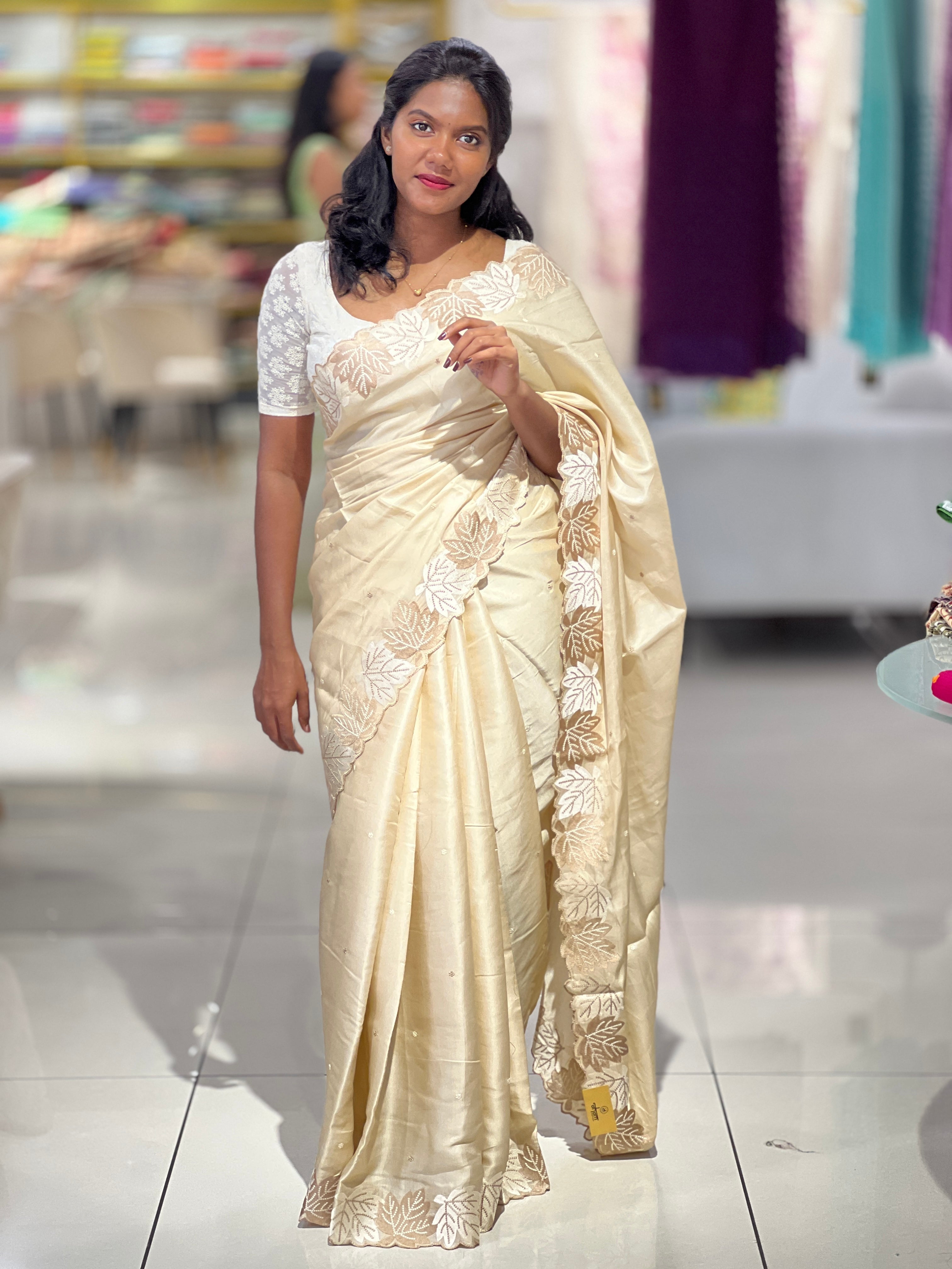 Point Embroidery Leaf Patterned Semi Tussar Saree | SUN424