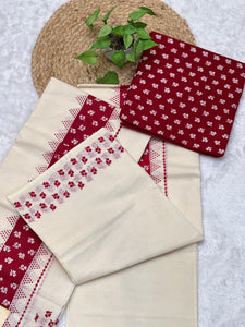 Block Print Detailed Kerala Cotton Set Mundu | GAT371