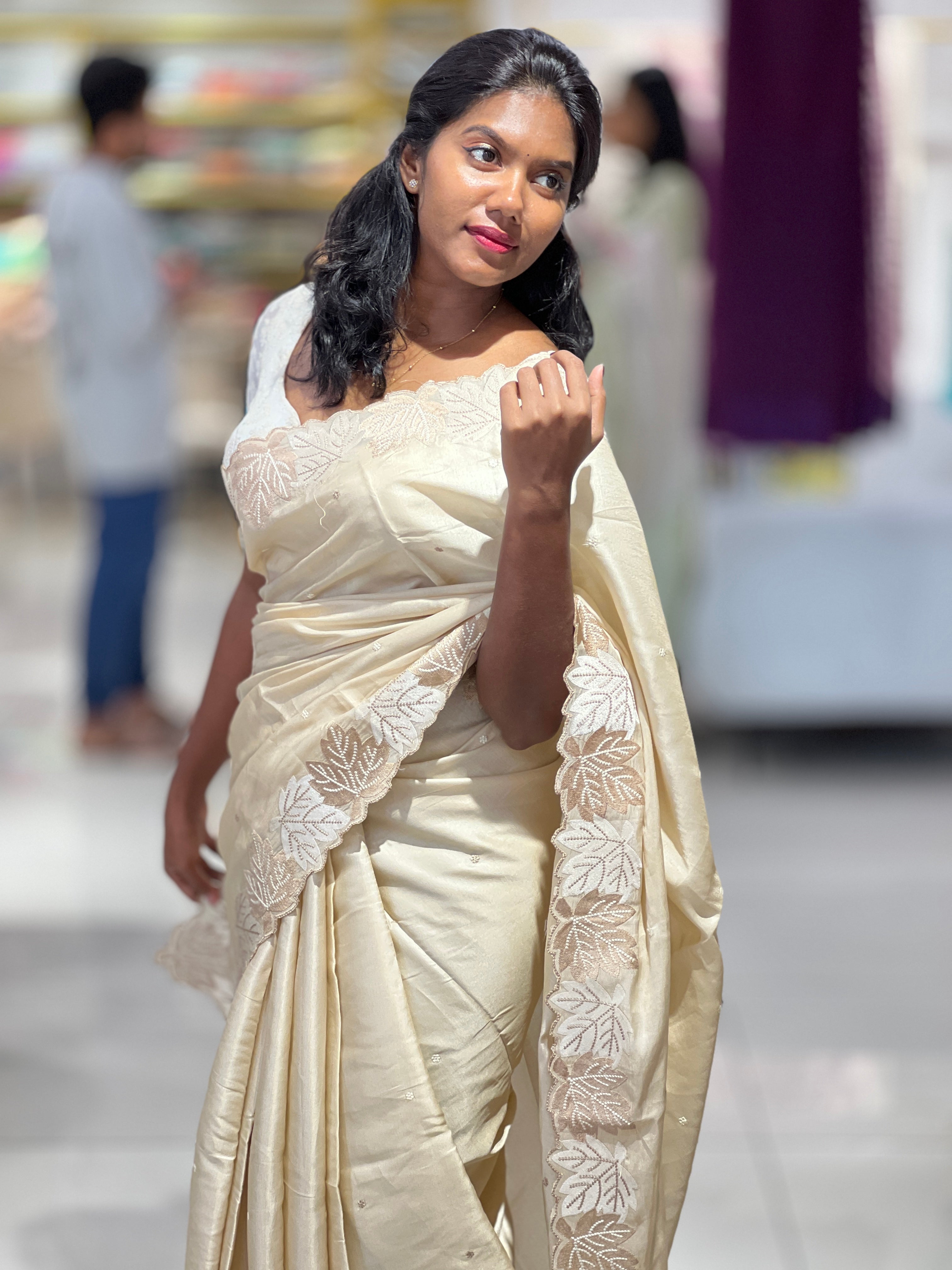 Point Embroidery Leaf Patterned Semi Tussar Saree | SUN424