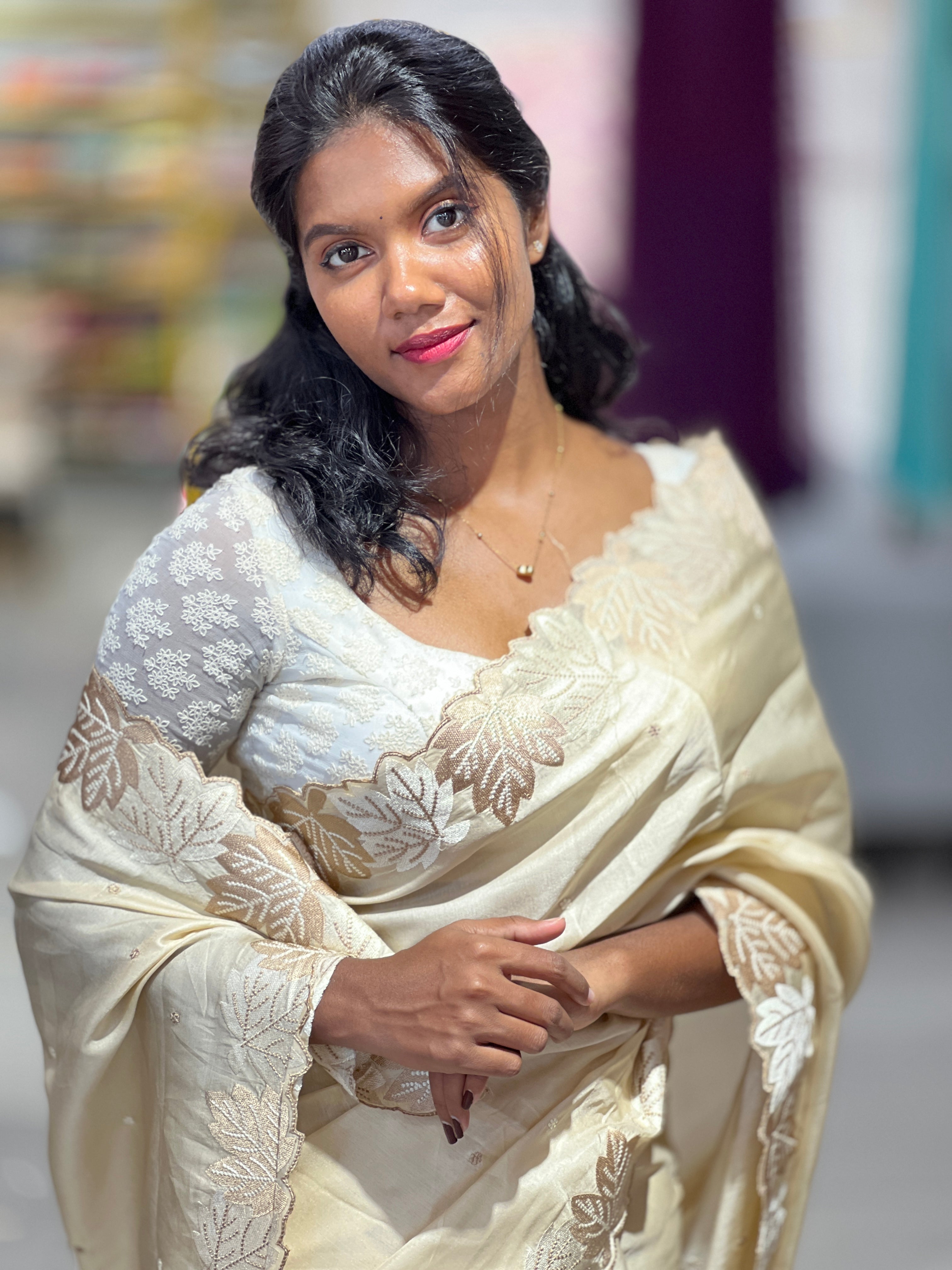 Point Embroidery Leaf Patterned Semi Tussar Saree | SUN424