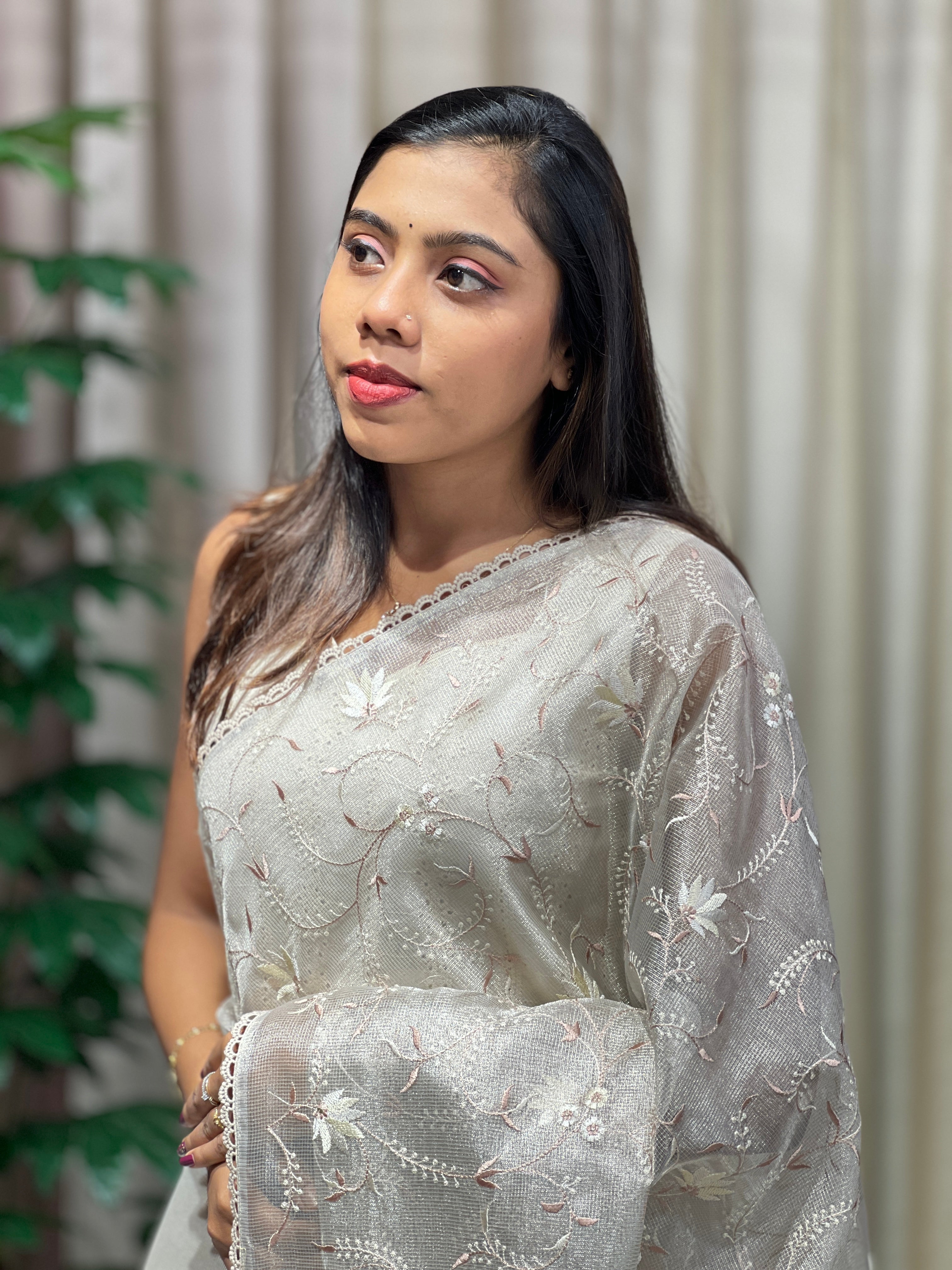 Floral Embroidery Detailed Tissue Saree | PKS151