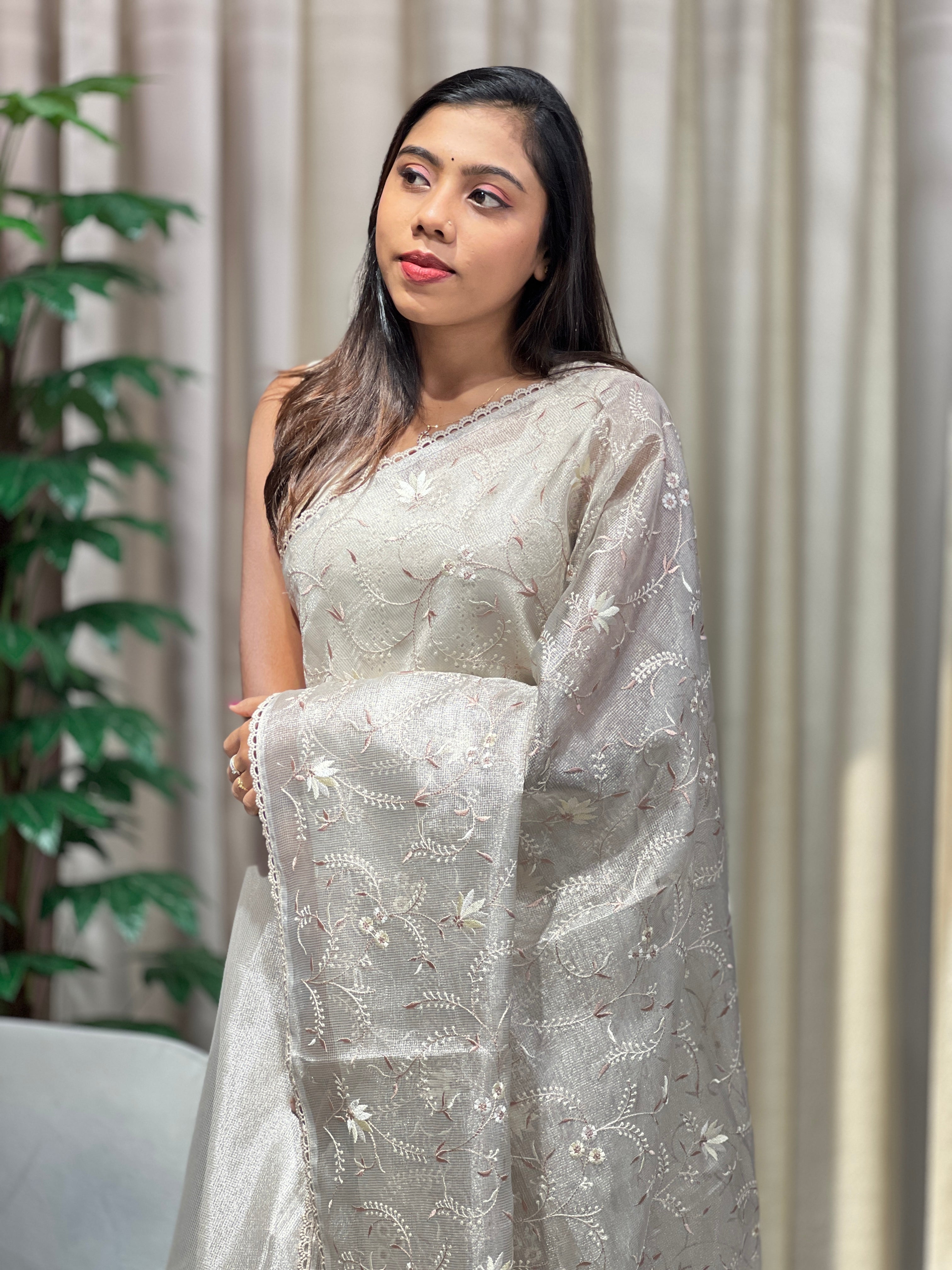 Floral Embroidery Detailed Tissue Saree | PKS151