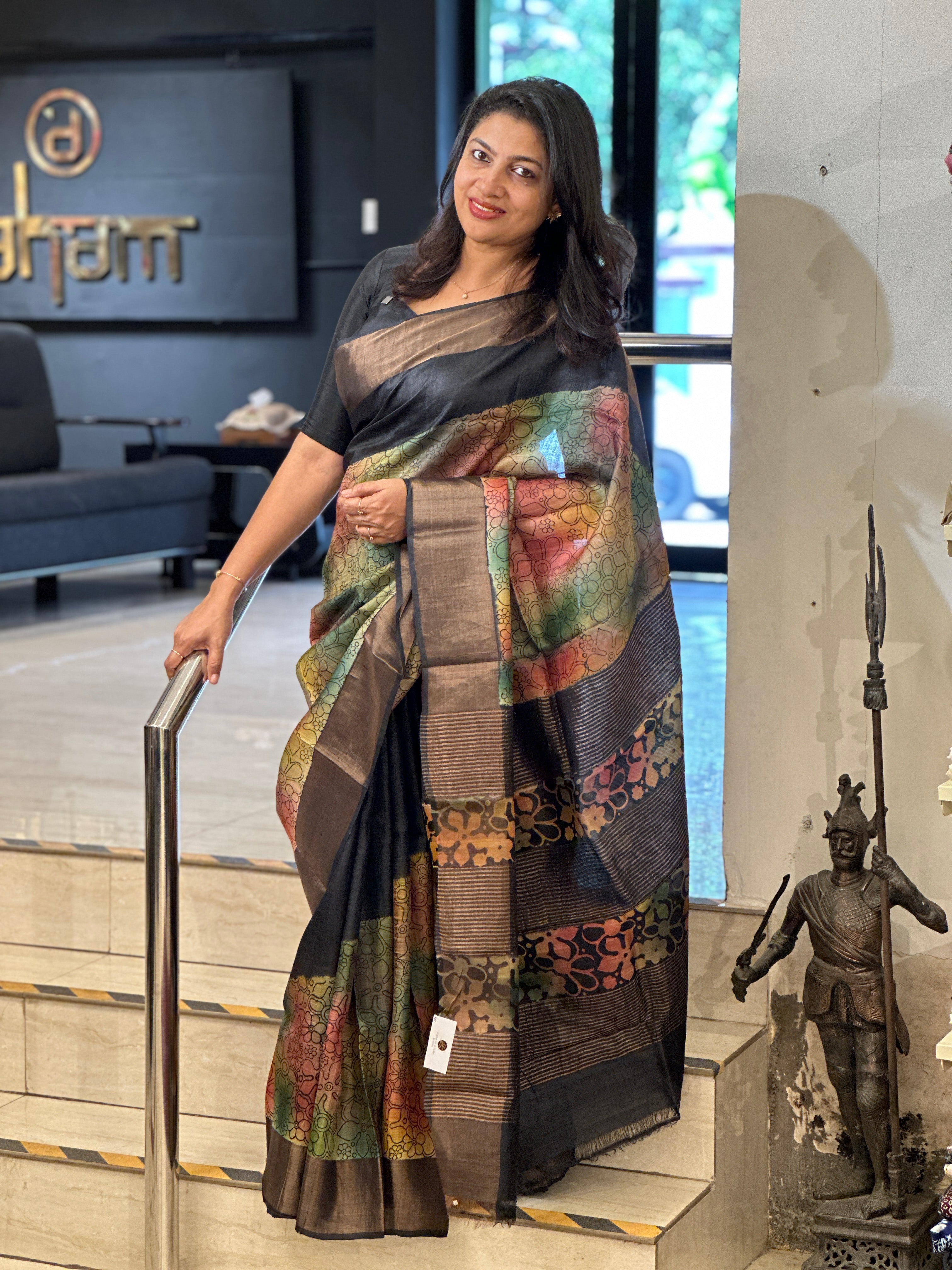 Hand Block Printed Pure Desi Tussar Saree | AYD173