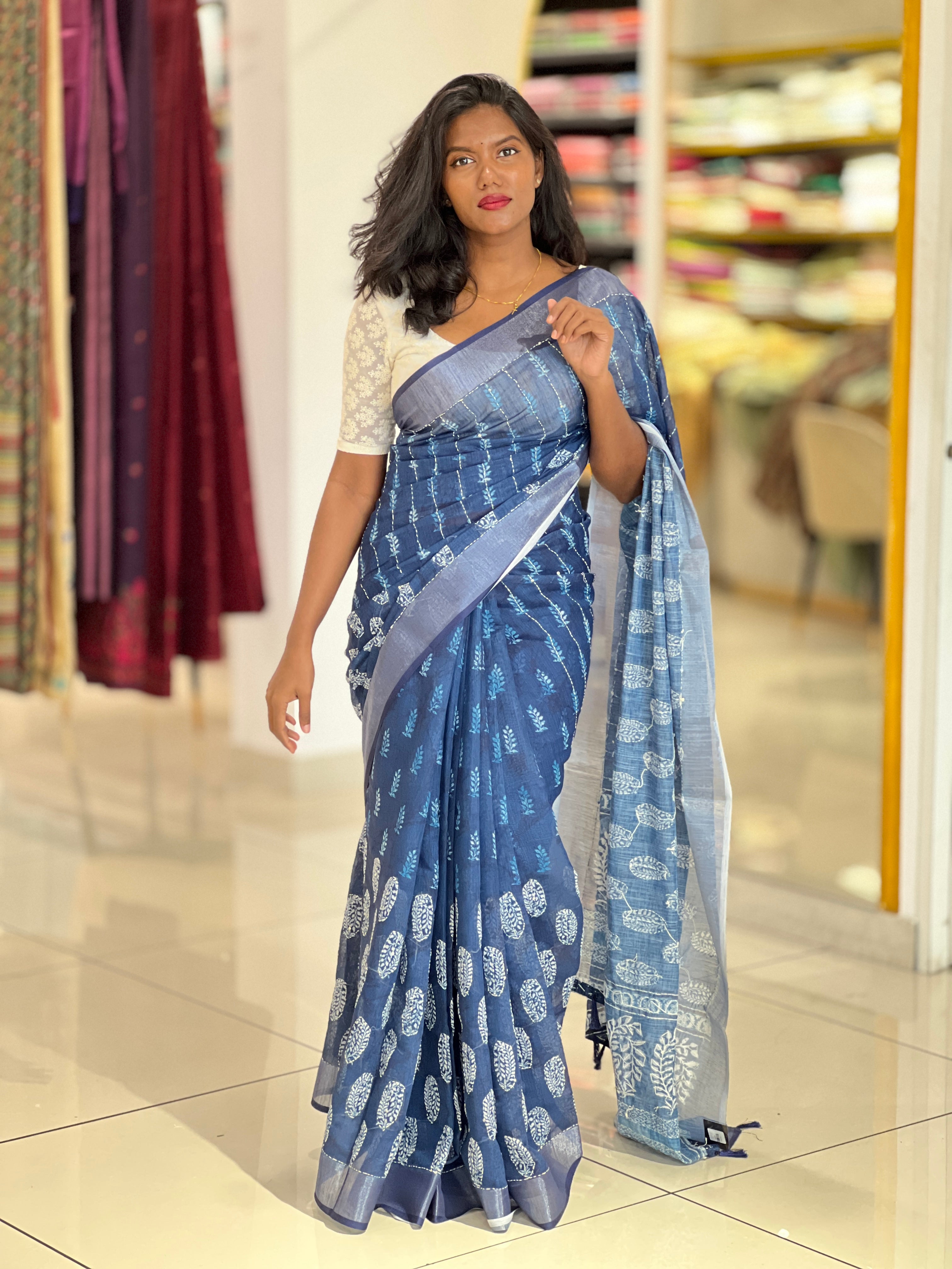 Batik Printed Linen Cotton Saree | BLD1574