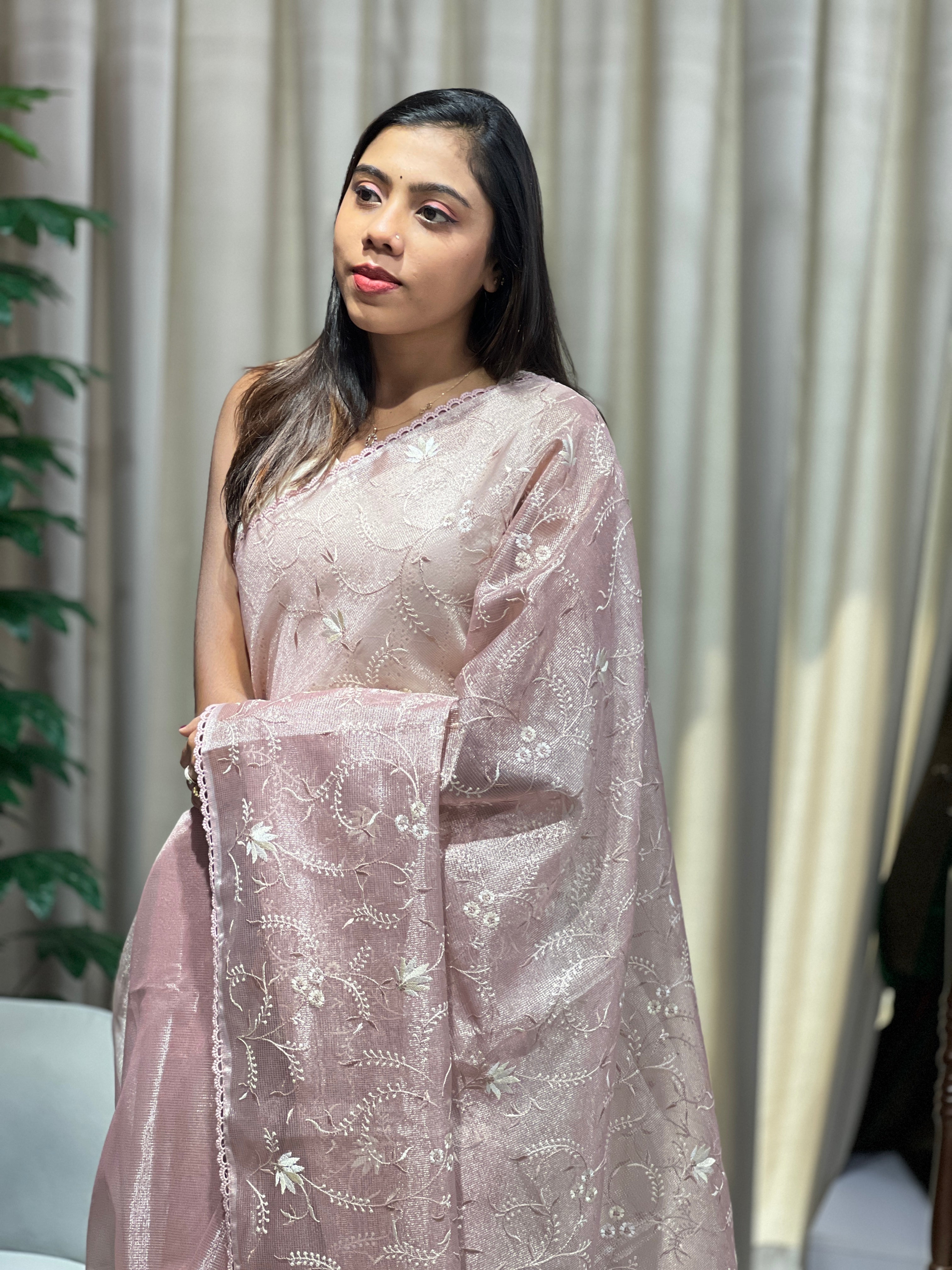 Floral Embroidery Detailed Tissue Saree | PKS152