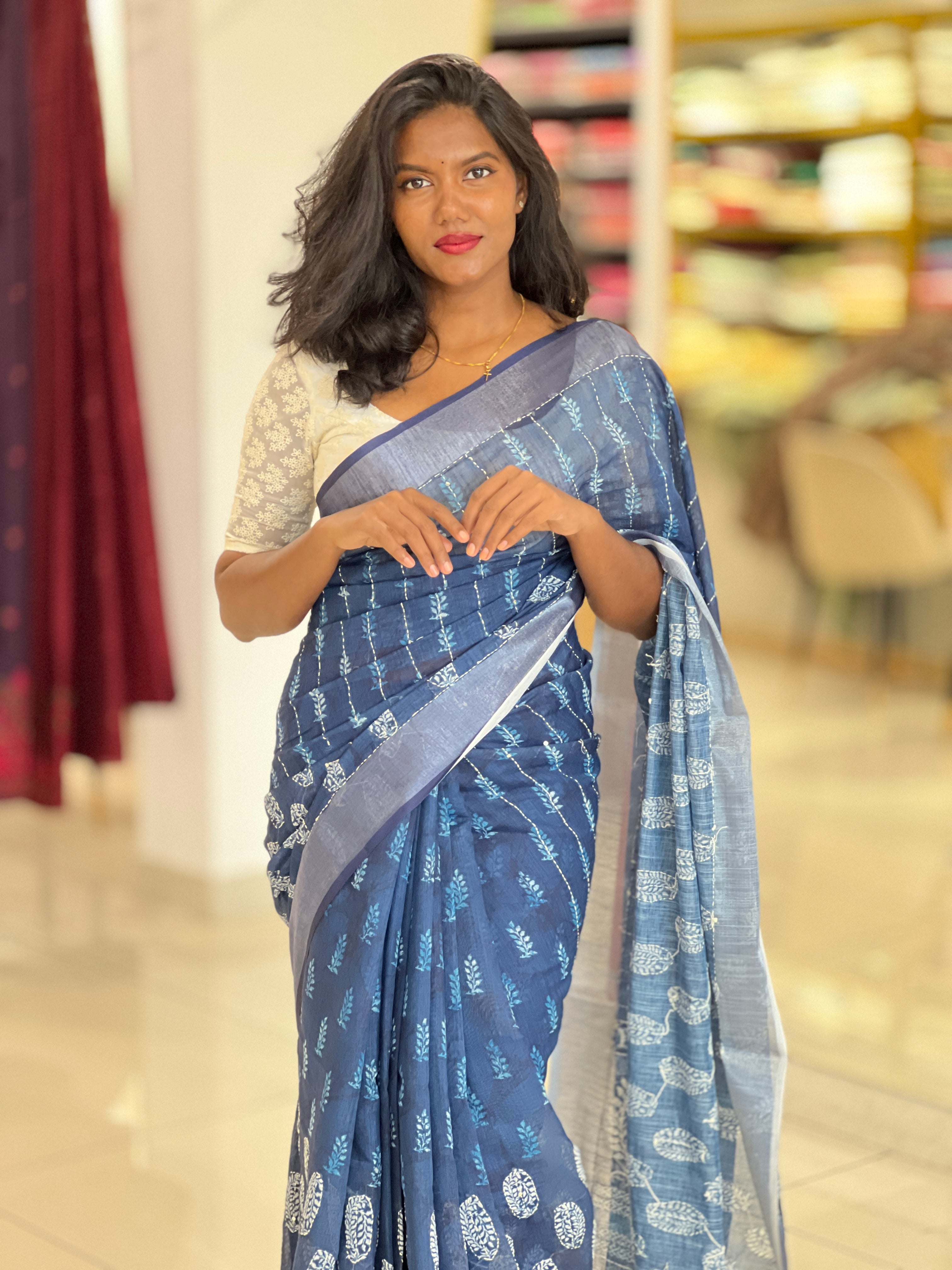 Batik Printed Linen Cotton Saree | BLD1574