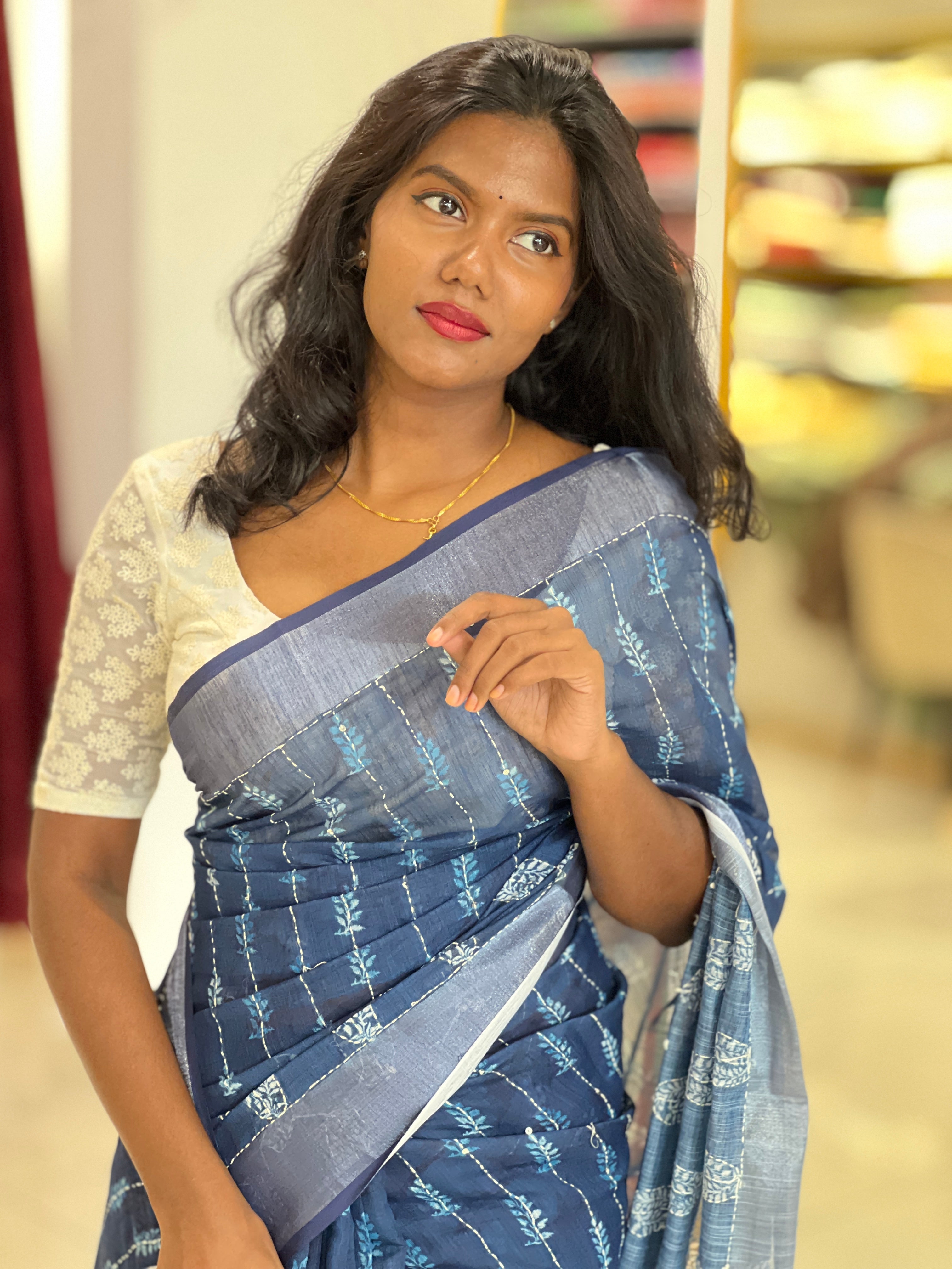 Batik Printed Linen Cotton Saree | BLD1574