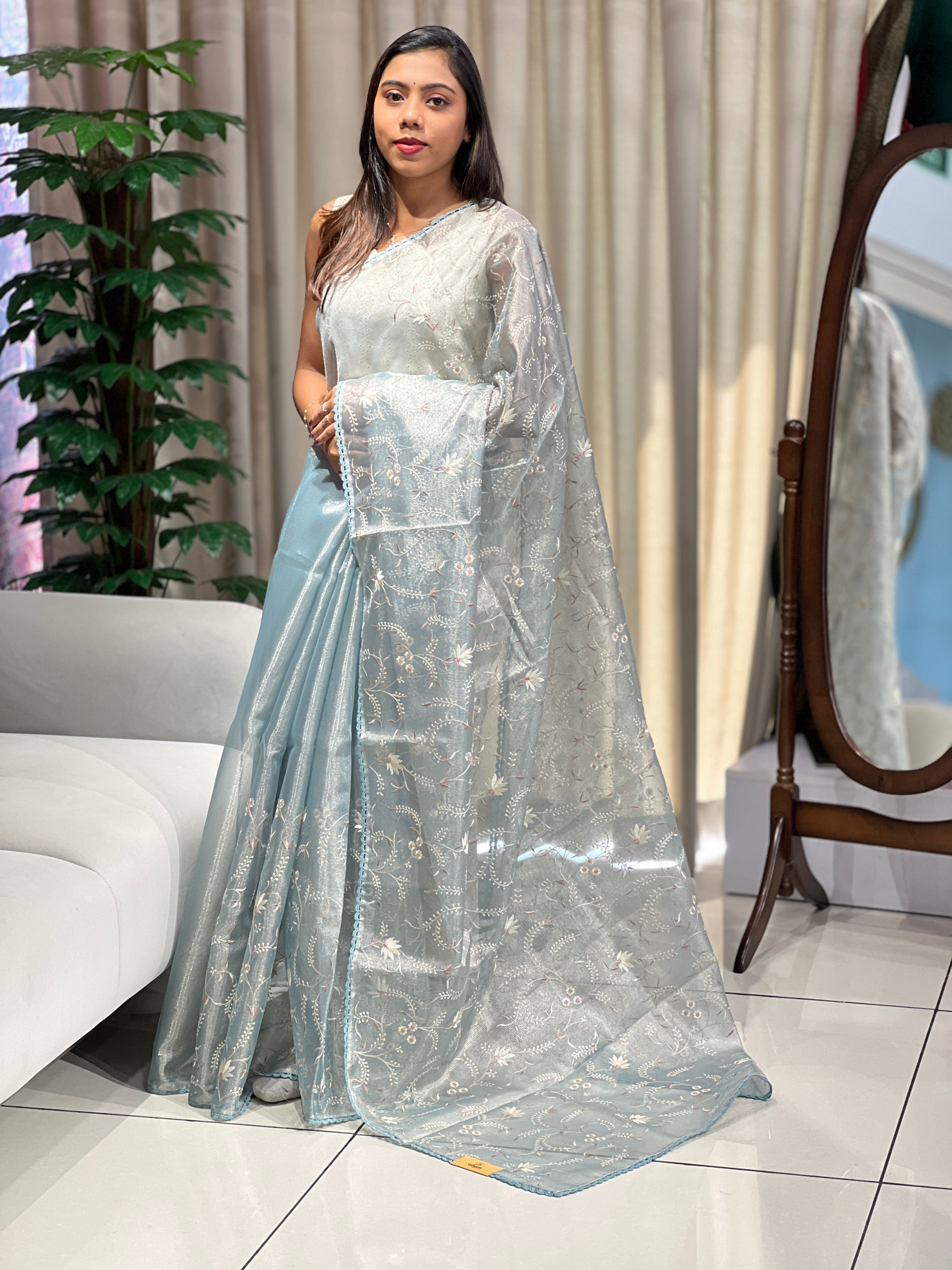 Floral Embroidery Detailed Tissue Saree | PKS153