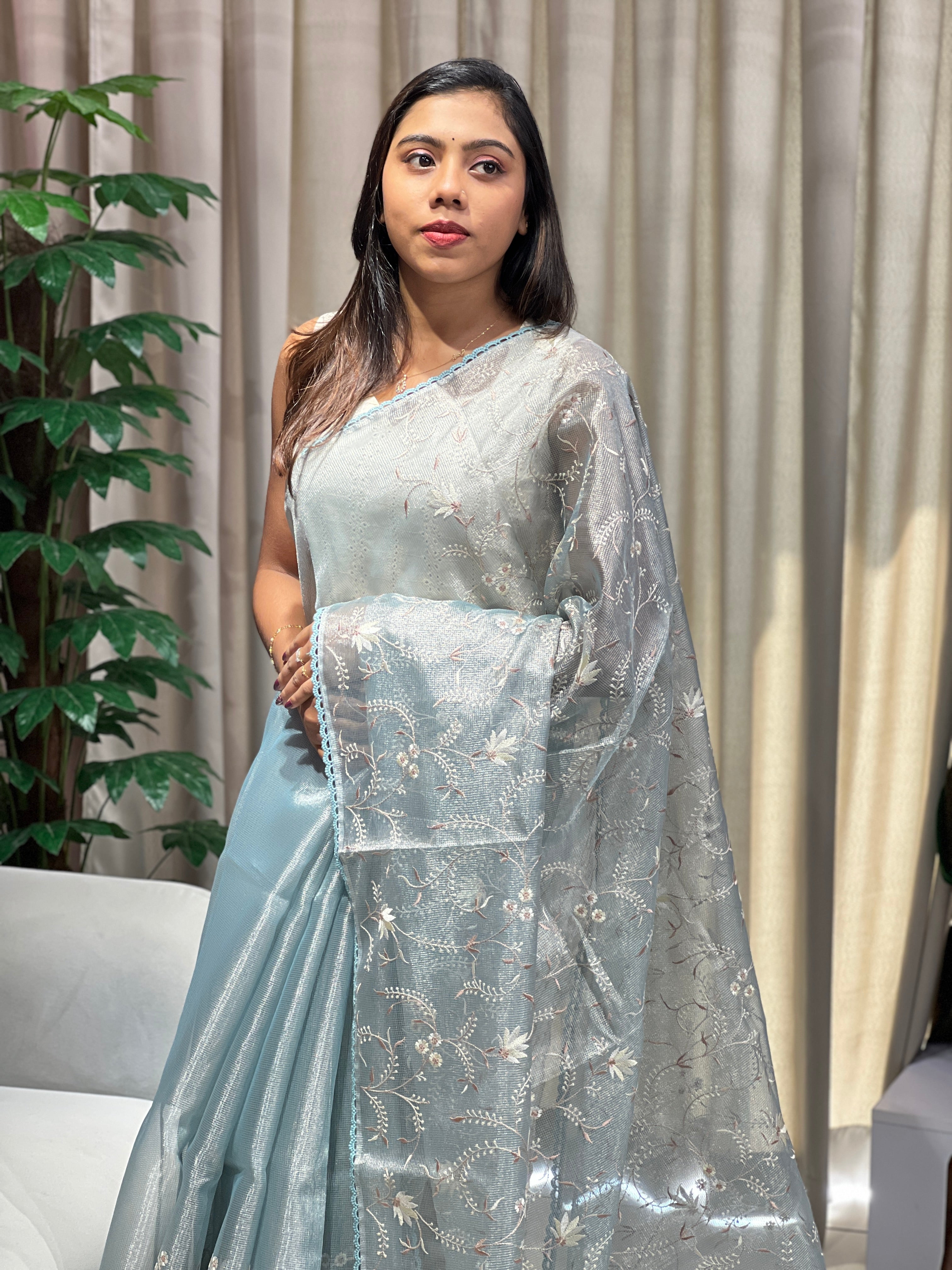 Floral Embroidery Detailed Tissue Saree | PKS153