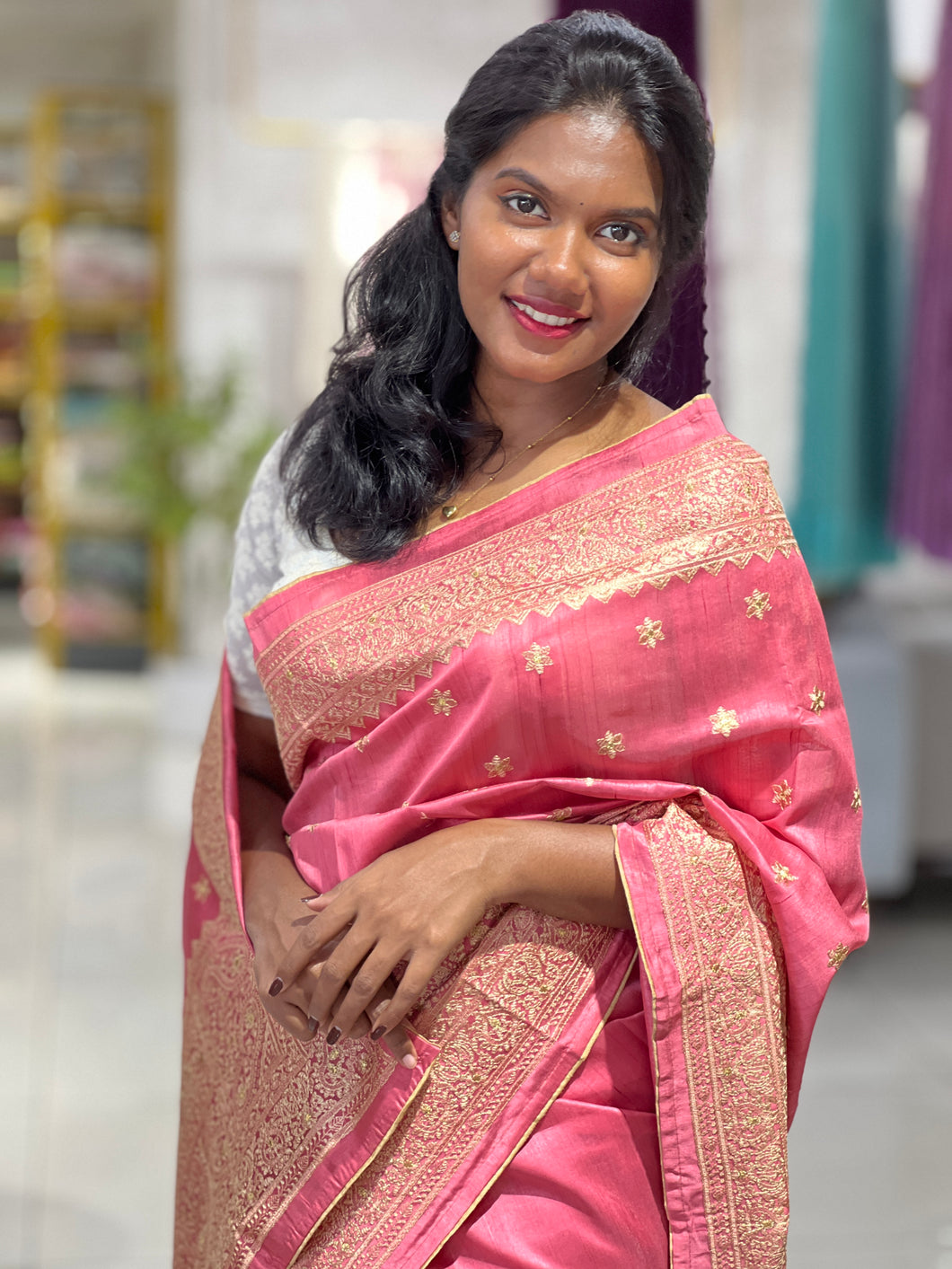Lucknowi Inspired Embroidery Detailed Semi Tussar Saree | SUN441