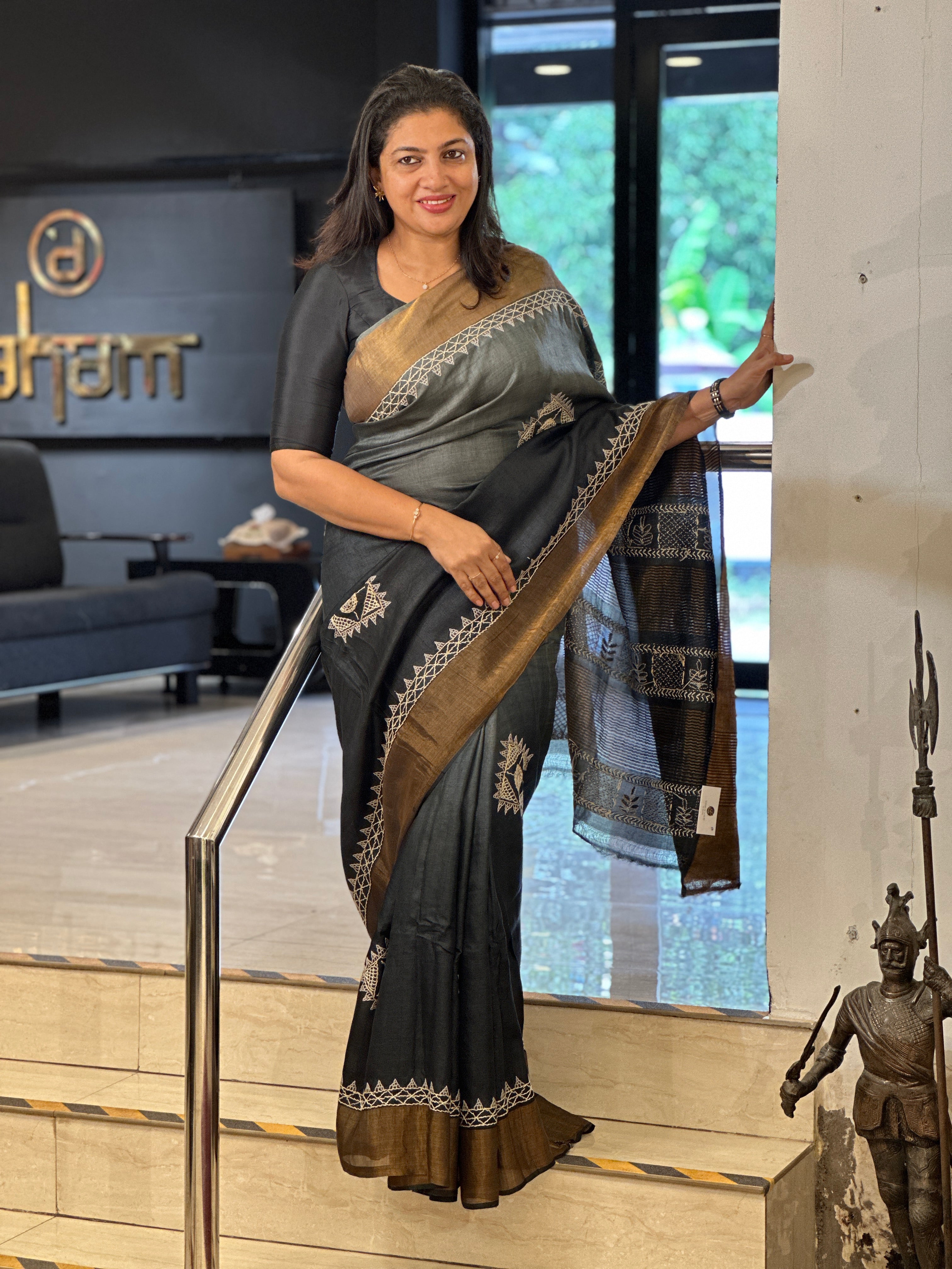 Traditional Lambani Hand Embroidered Tussar Saree | AYD169