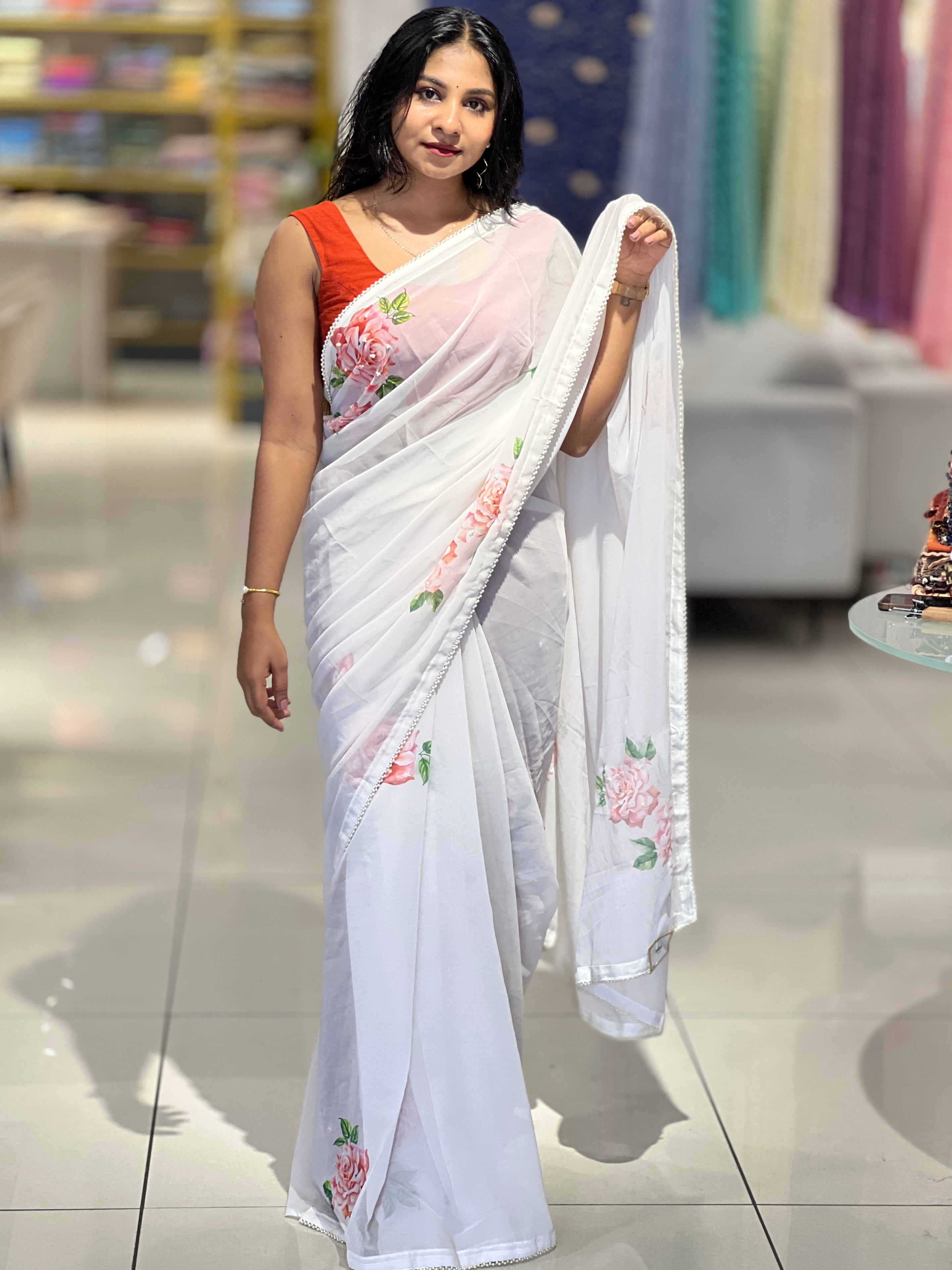 Floral Digital Print With Beads Highlighted Georgette Saree | HT207