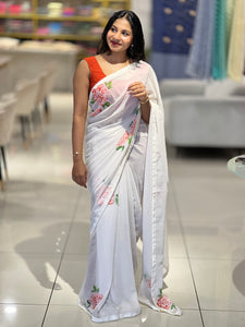 Floral Digital Print With Beads Highlighted Georgette Saree | HT207