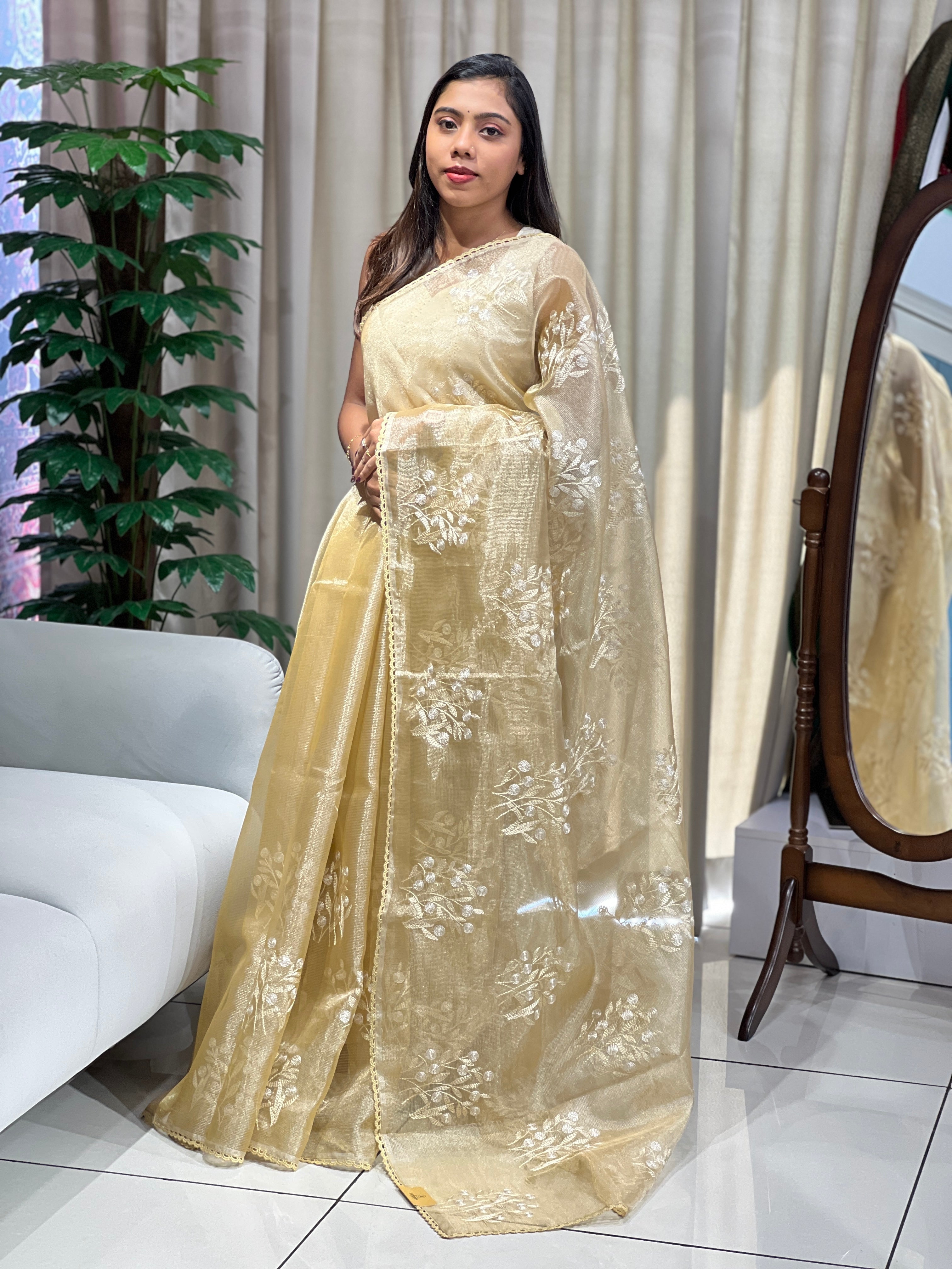 Floral Embroidery Detailed Tissue Saree | PKS147