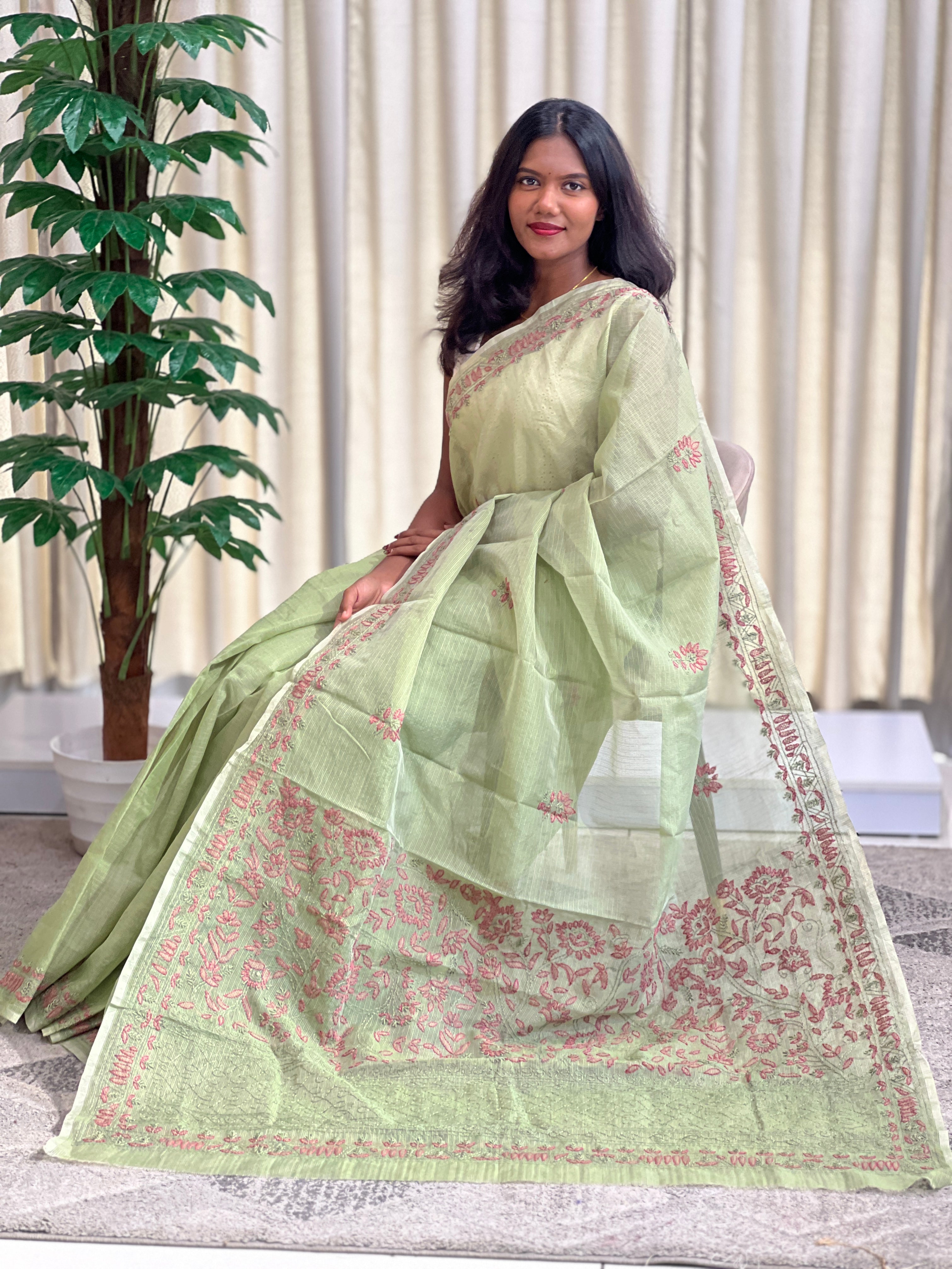 Hand Embroidered Muga Check Organza Saree | JSC760