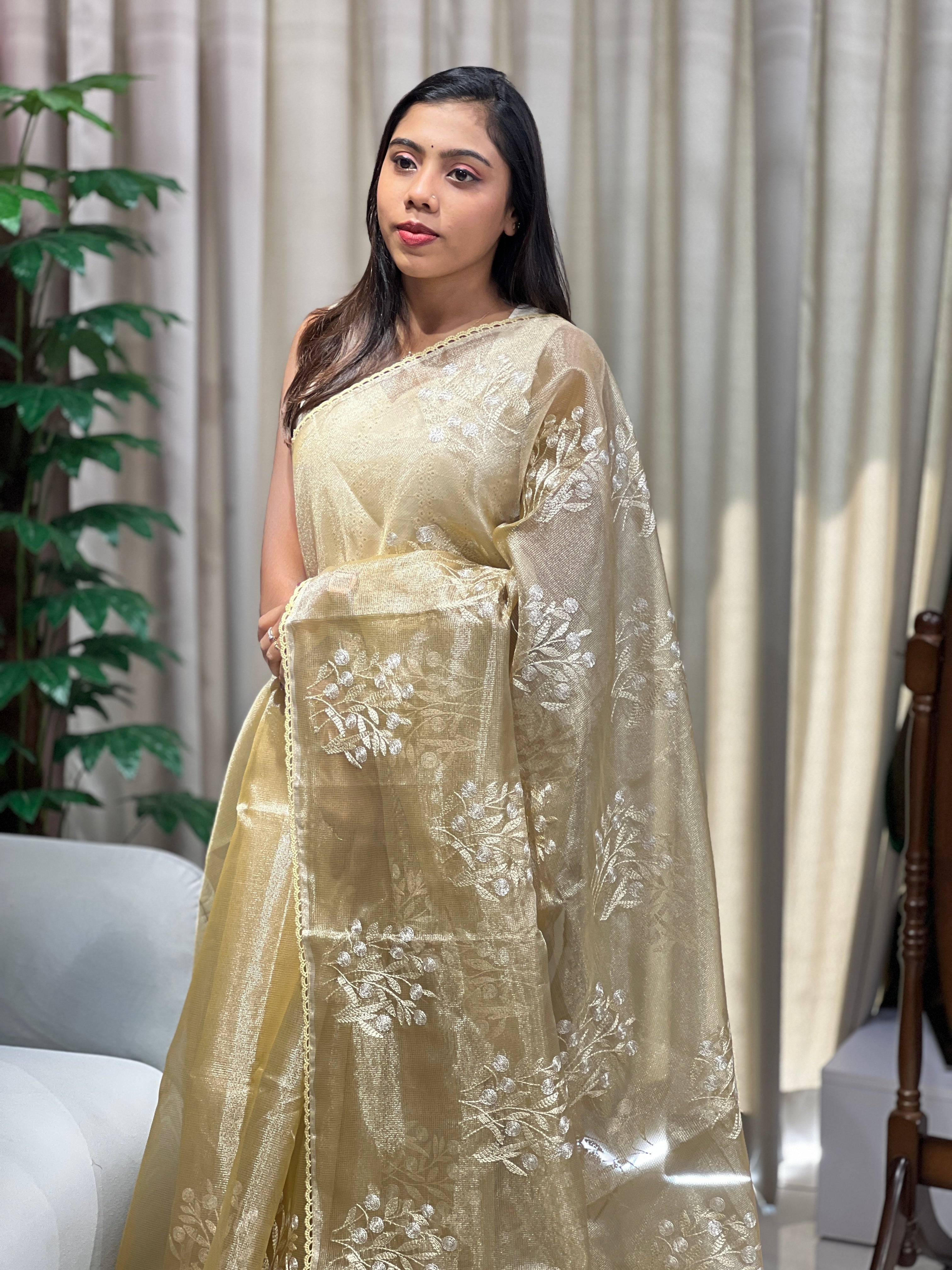 Floral Embroidery Detailed Tissue Saree | PKS147