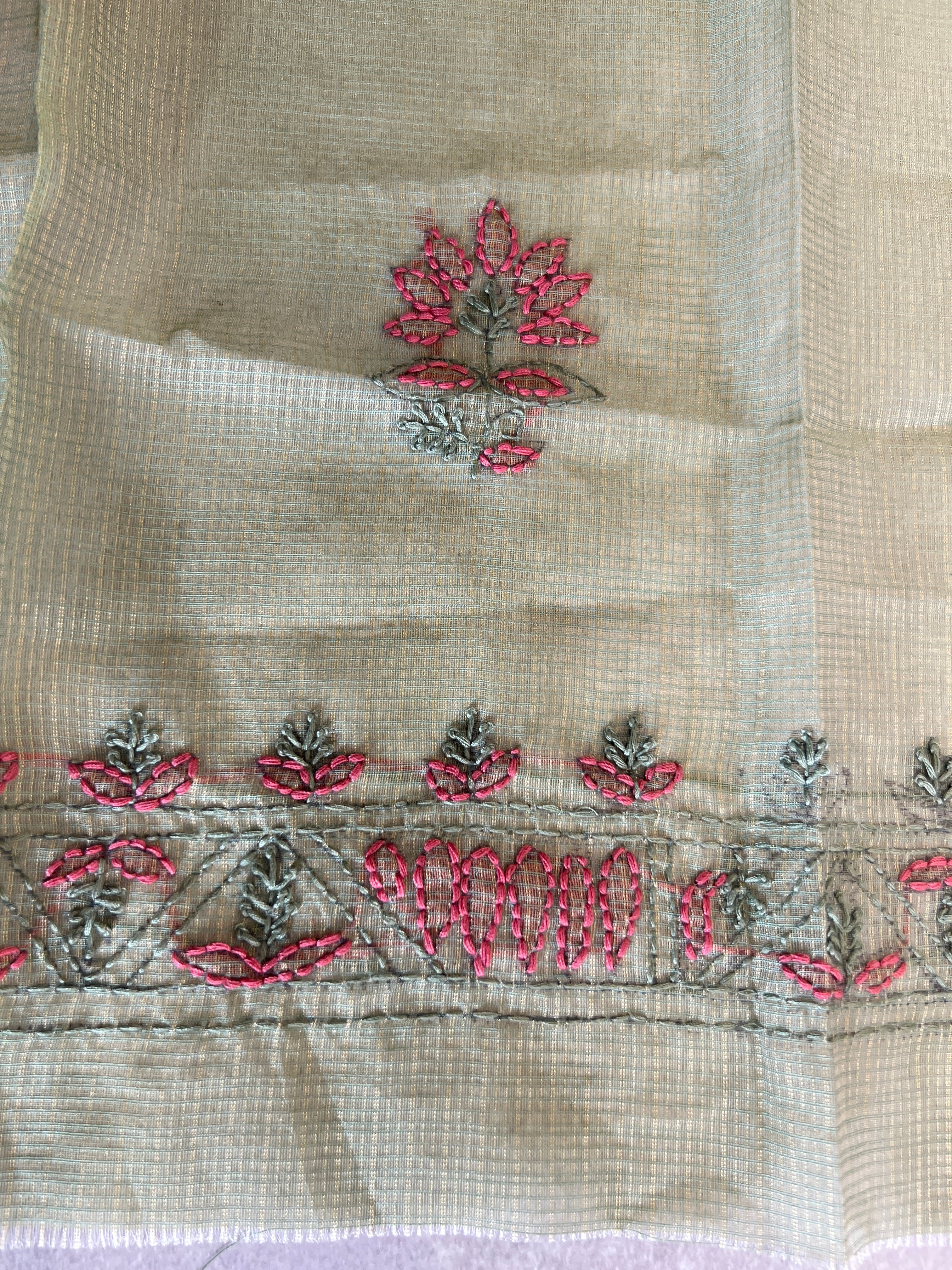 Hand Embroidered Muga Check Organza Saree | JSC760