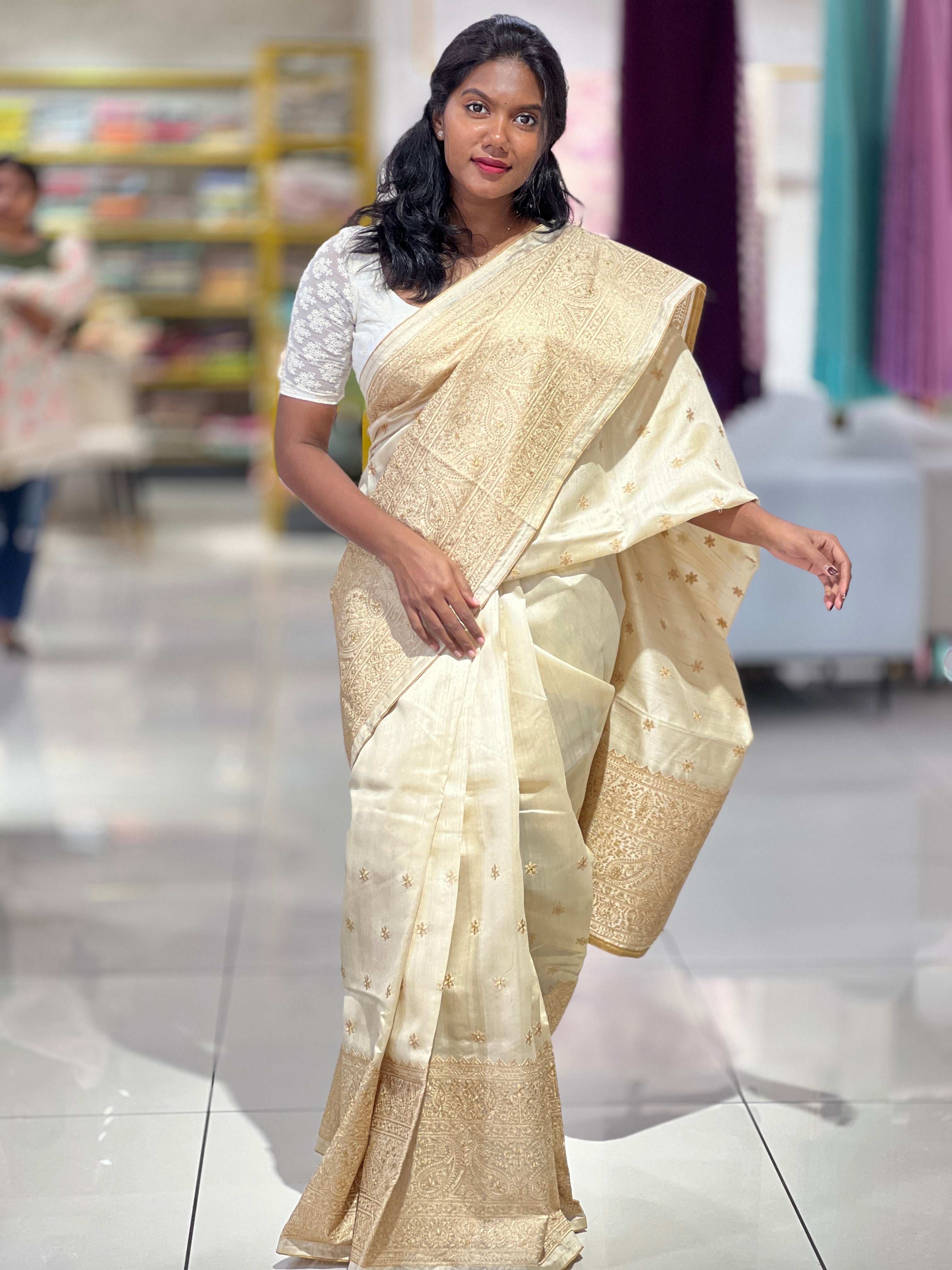Lucknowi Inspired Embroidery Detailed Semi Tussar Saree | SUN440
