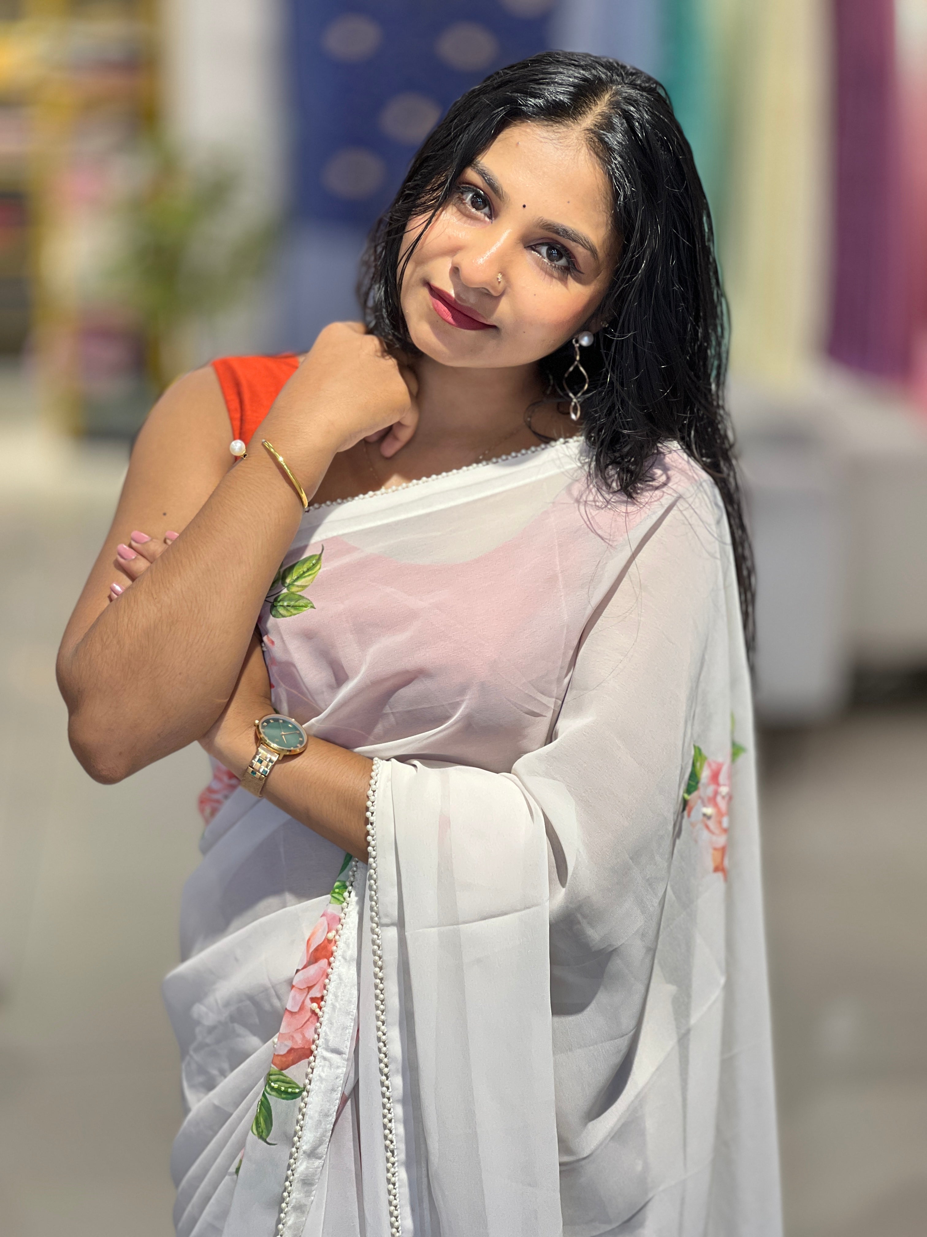 Floral Digital Print With Beads Highlighted Georgette Saree | HT207