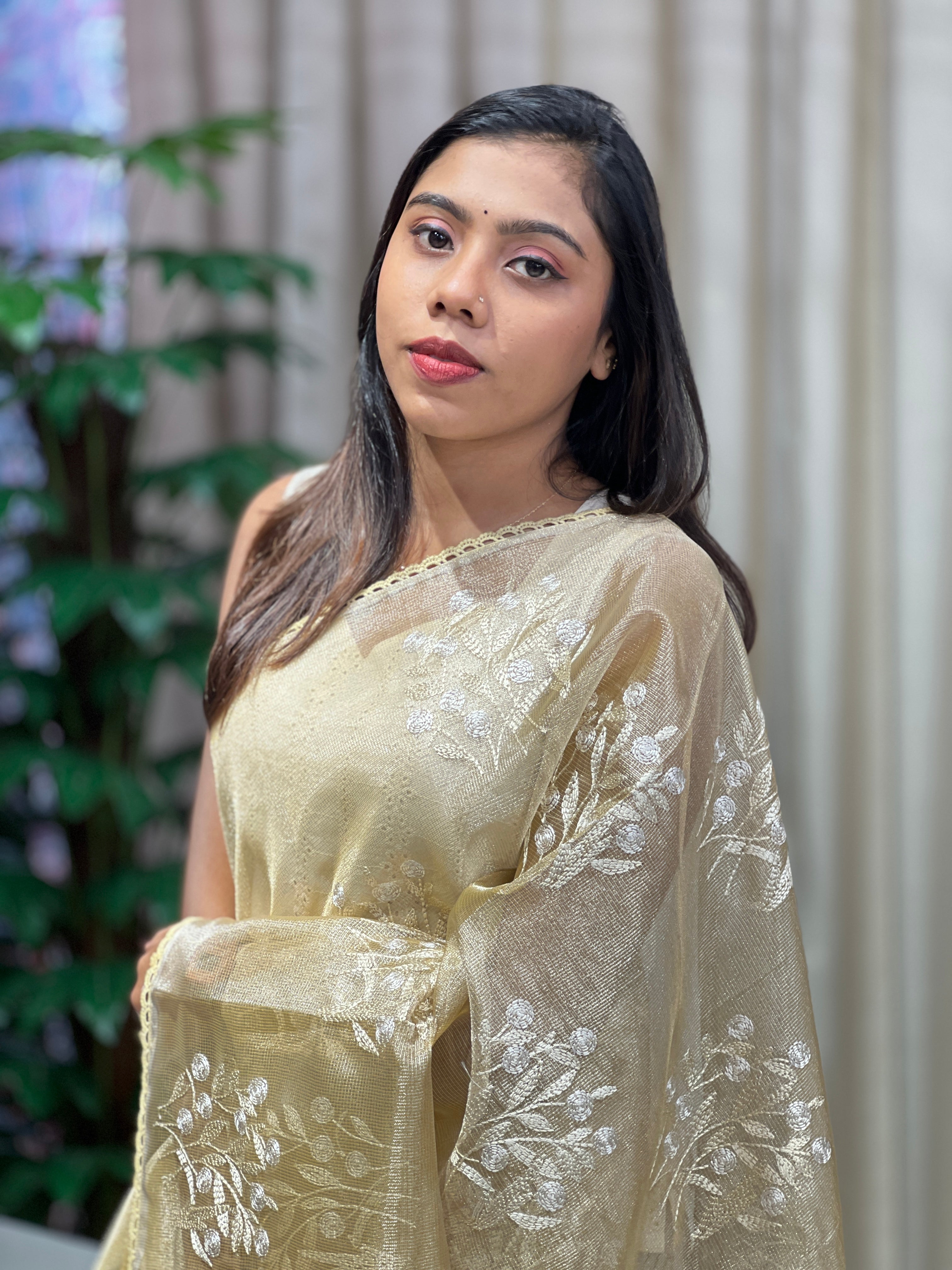 Floral Embroidery Detailed Tissue Saree | PKS147