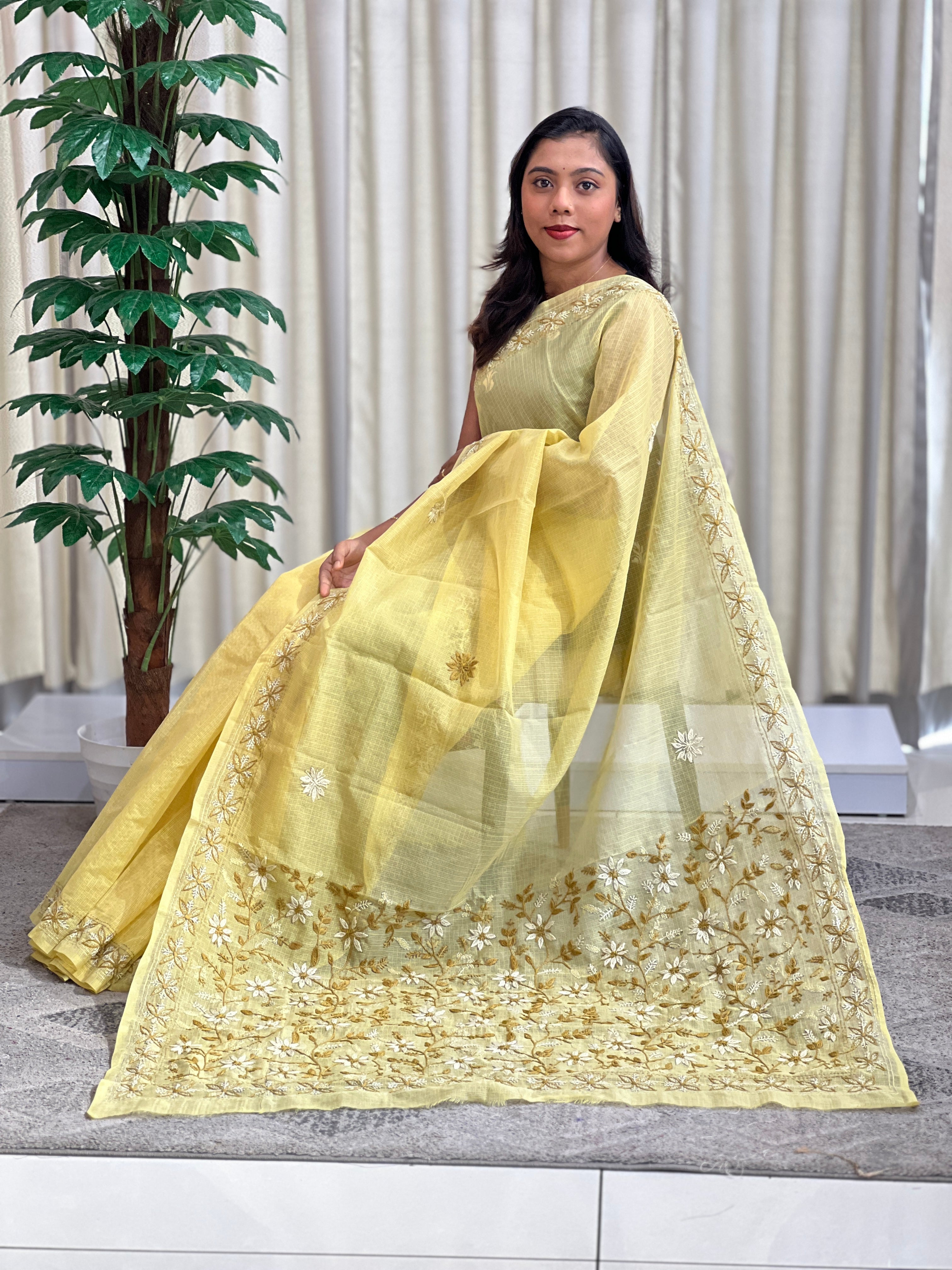 Hand Embroidered Muga Check Organza Saree | JSC759