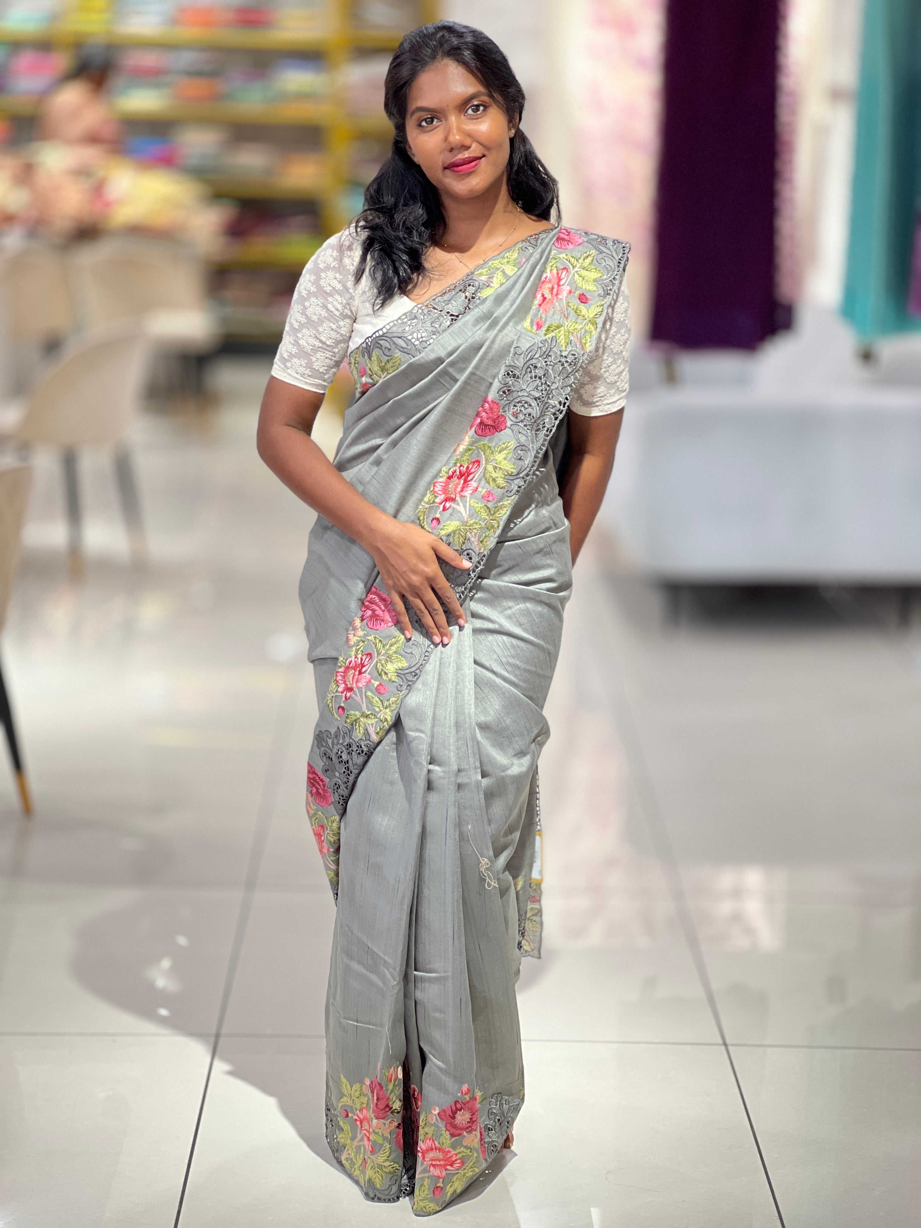 Cut Work With Floral Embroidered Semi Tussar Saree | SUN437
