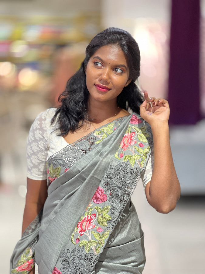 Cut Work With Floral Embroidered Semi Tussar Saree | SUN437