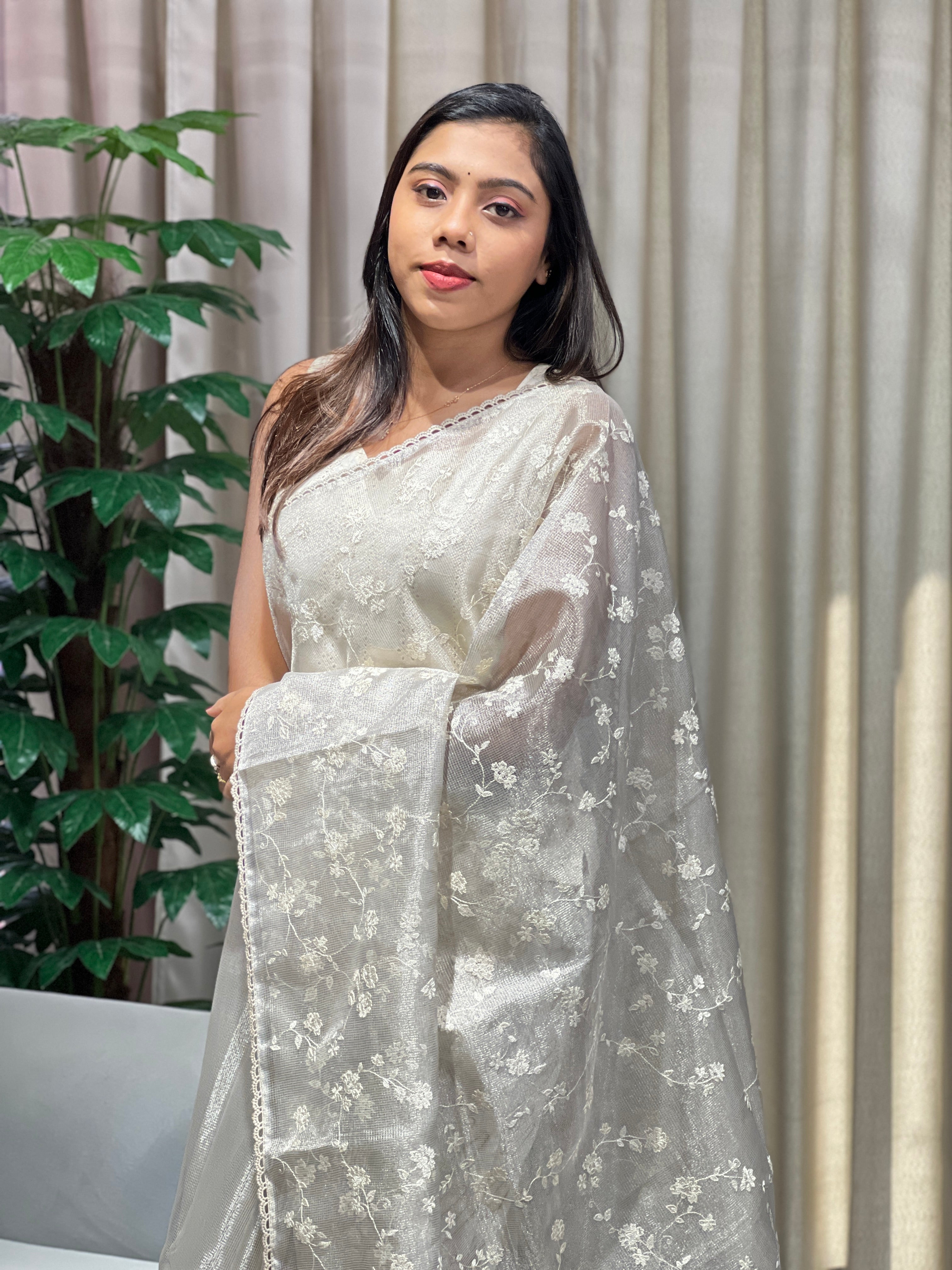 Floral Embroidery Detailed Tissue Saree | PKS156