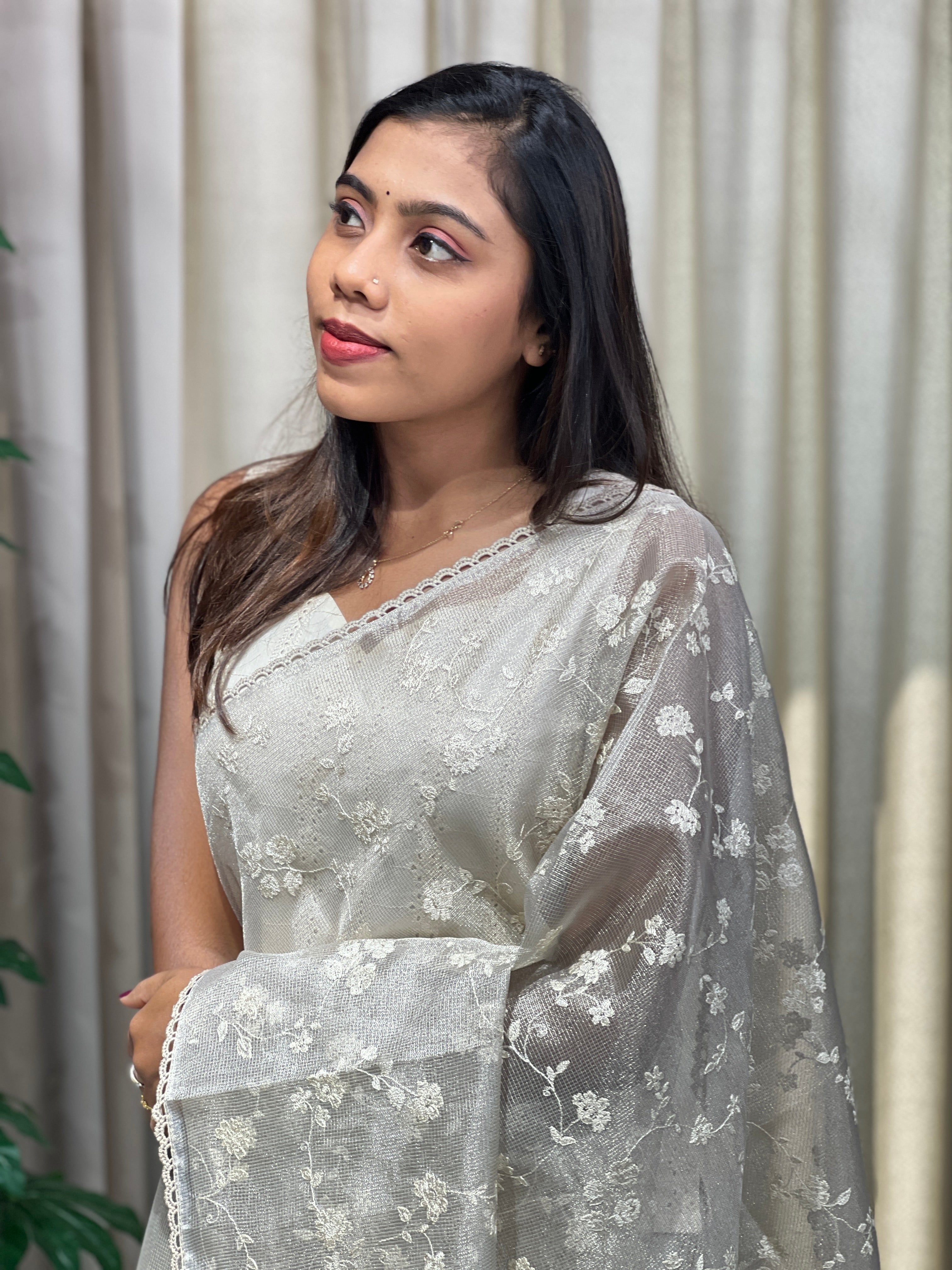 Floral Embroidery Detailed Tissue Saree | PKS156