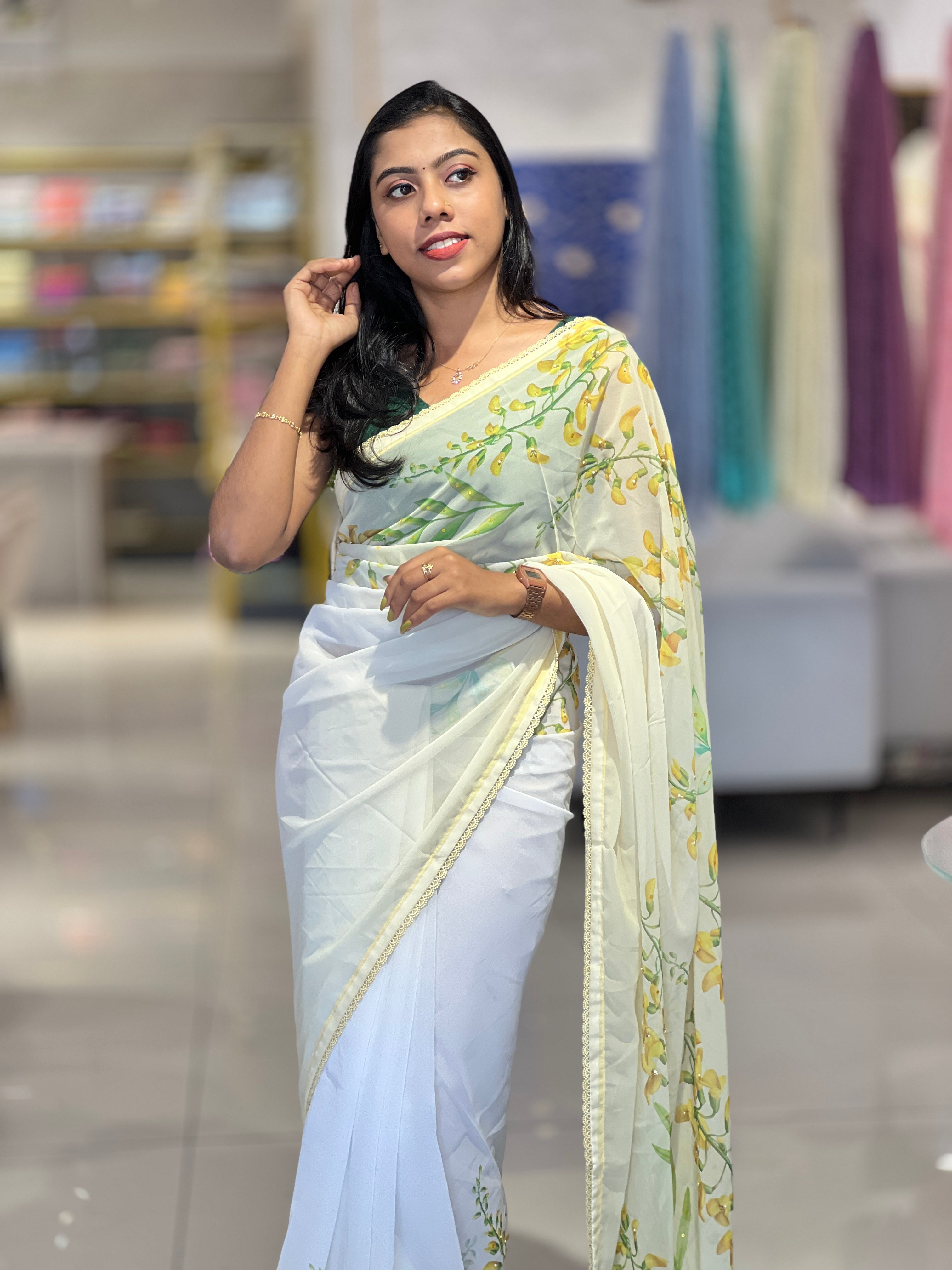 Floral Digital Print With Beads Highlighted Georgette Saree | HT206