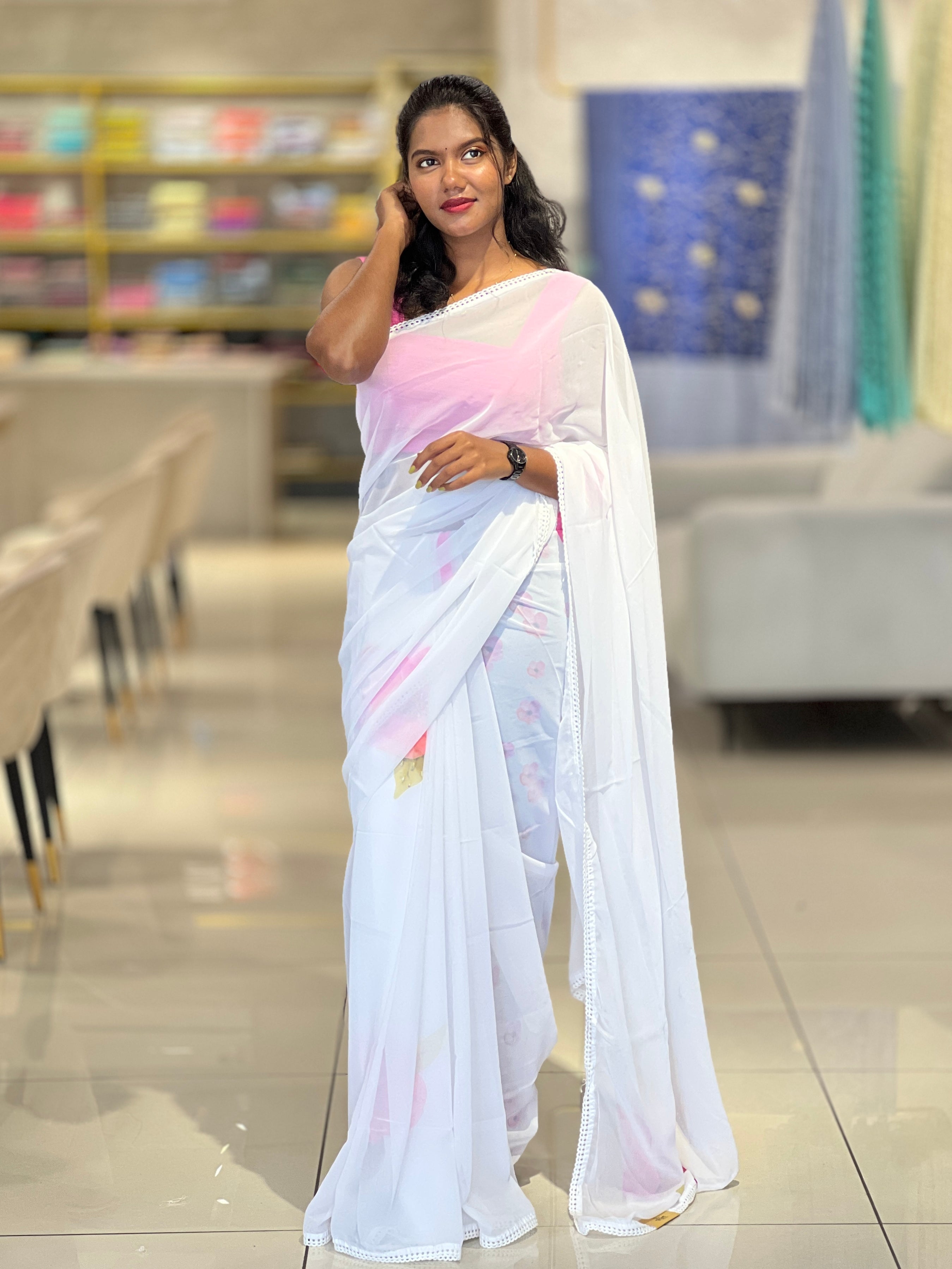 Floral Digital Print With Beads Highlighted Georgette Saree | HT205