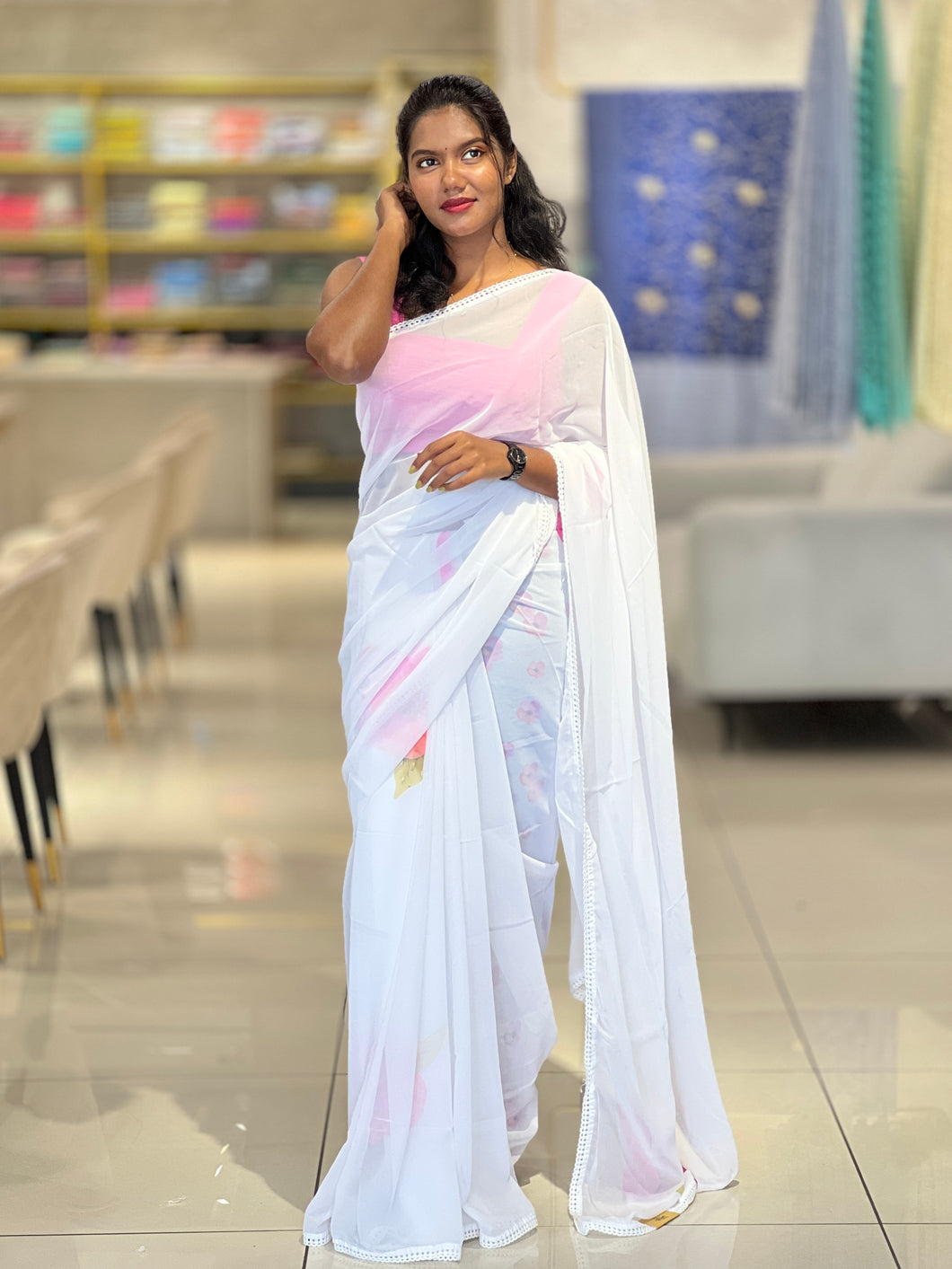 Floral Digital Print With Beads Highlighted Georgette Saree | HT205