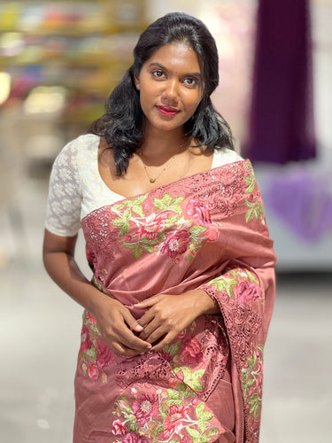 Cut Work With Floral Embroidered Semi Tussar Saree | SUN438