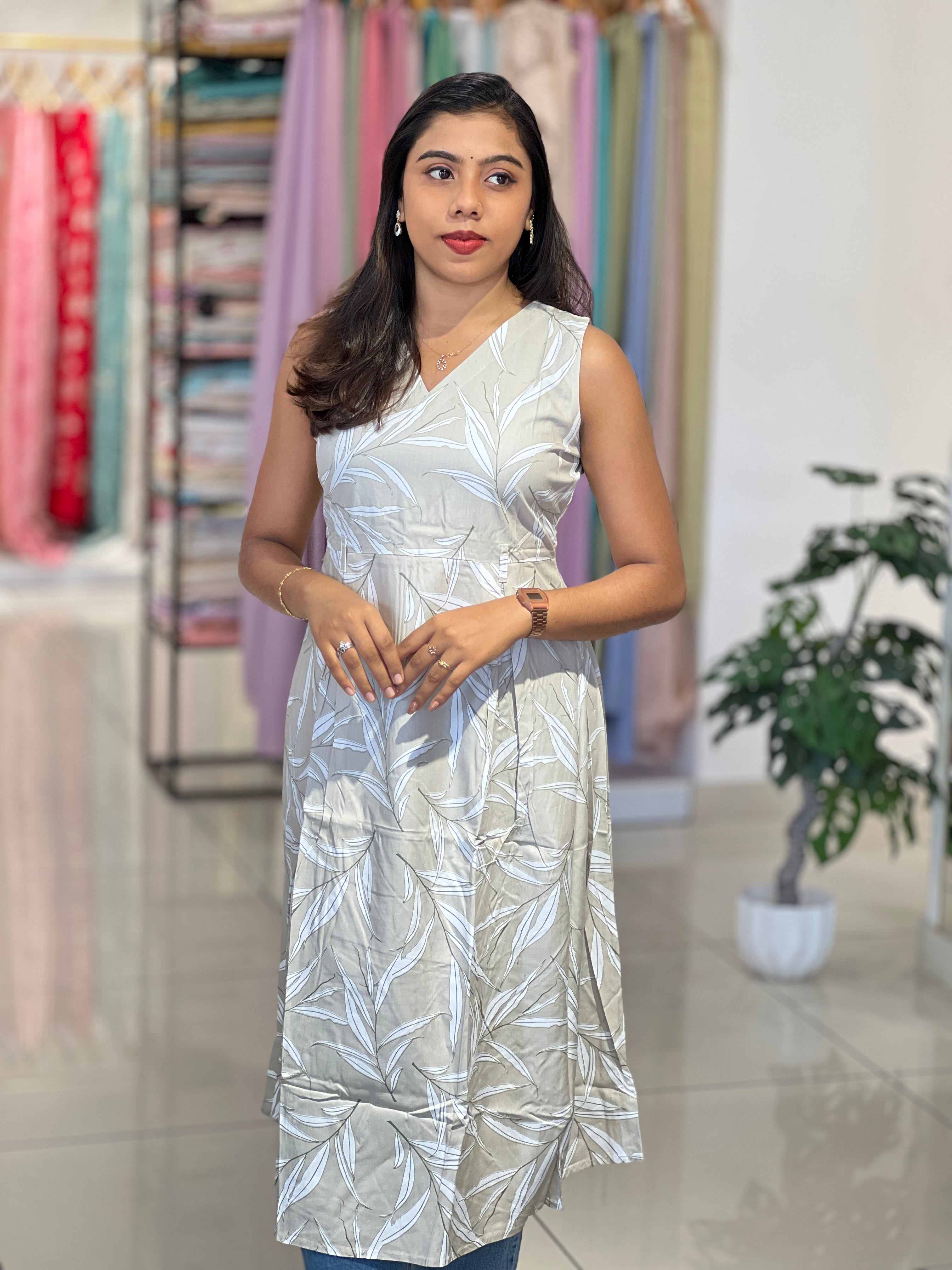 Abstract Leaf Print Aline Rayon Kurta | VSI181