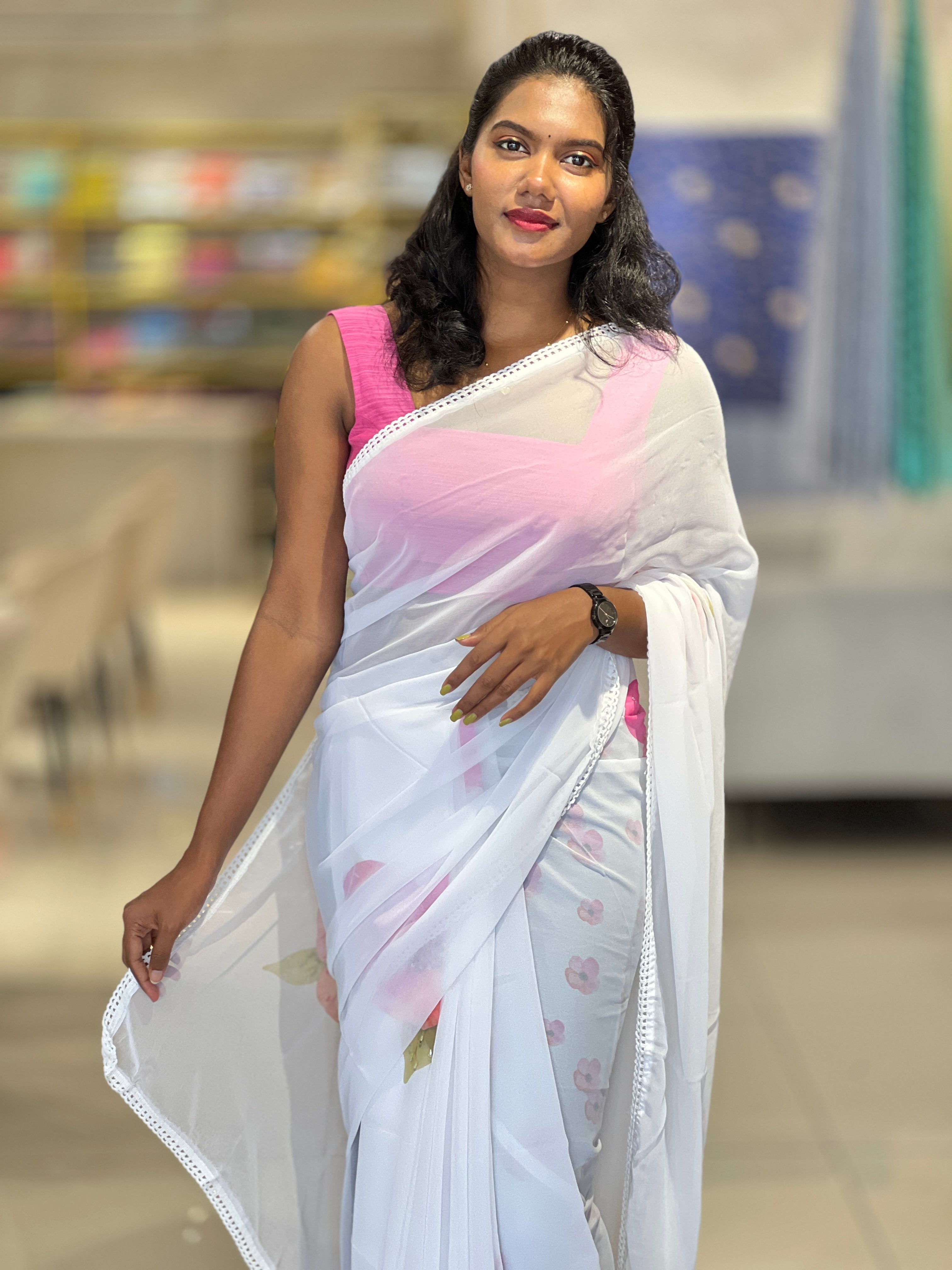 Floral Digital Print With Beads Highlighted Georgette Saree | HT205
